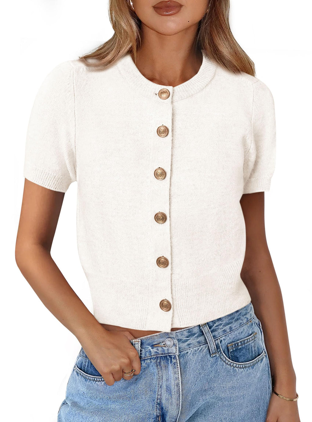 PRETTYGARDEN Womens Casual Summer Short Sleeve Cardigans Button Down Knitted Sweater Basic Crew Neck Crop Tops