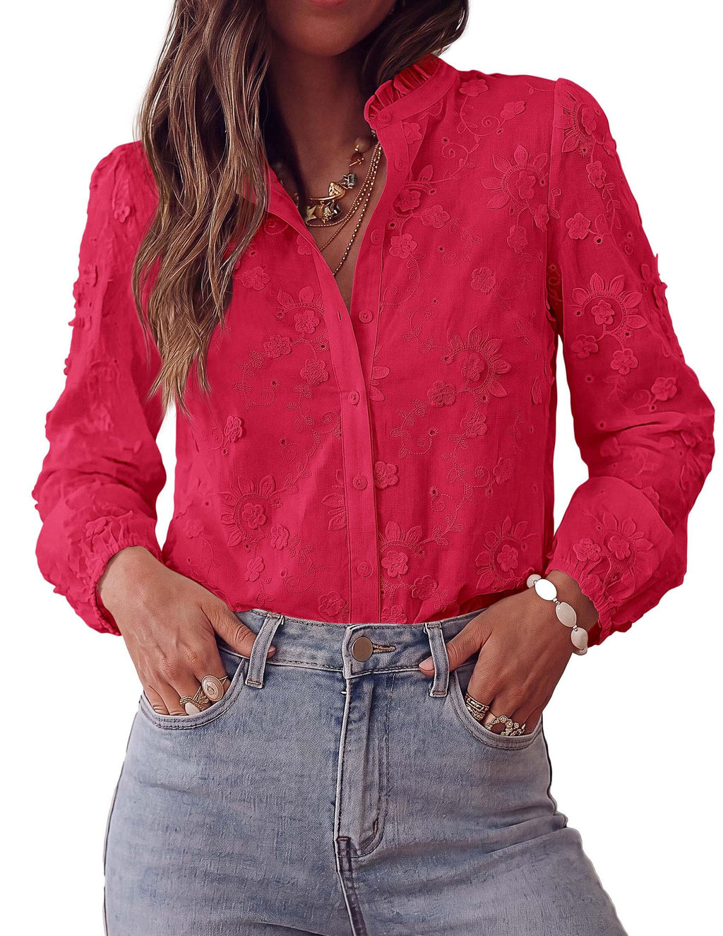 PRETTYGARDEN Women's Floral Embroidered Button Down Shirts | Ladies Dressy Fall Blouses, Long Sleeves, Ruffle Neck, Elegant Boho Eyelet Tops for Work, Business & Spring Casual Outings