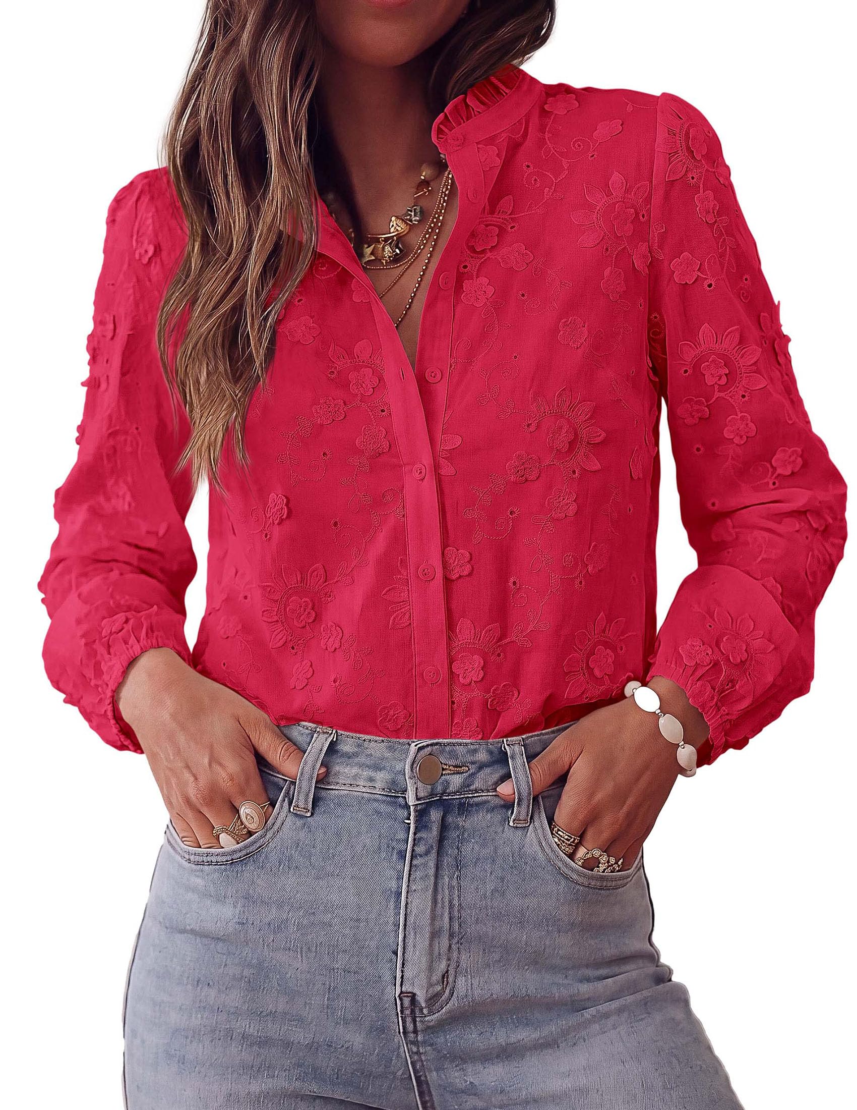 PRETTYGARDEN Women's Floral Embroidered Button Down Shirts | Ladies Dressy Fall Blouses, Long Sleeves, Ruffle Neck, Elegant Boho Eyelet Tops for Work, Business & Spring Casual Outings