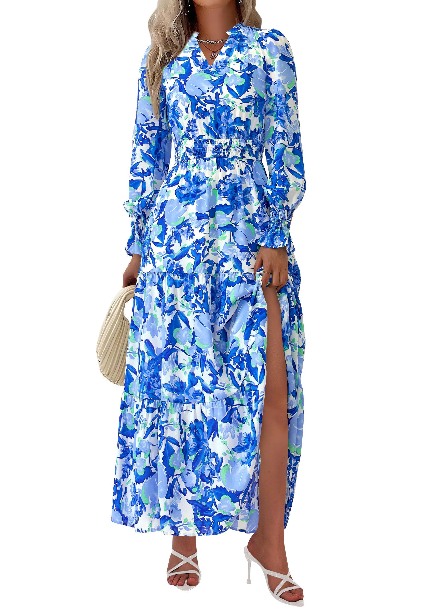 PRETTYGARDEN Women's Floral Maxi Dress Fall Long Sleeve V Neck Casual A Line Long Flowy Boho Party Dresses