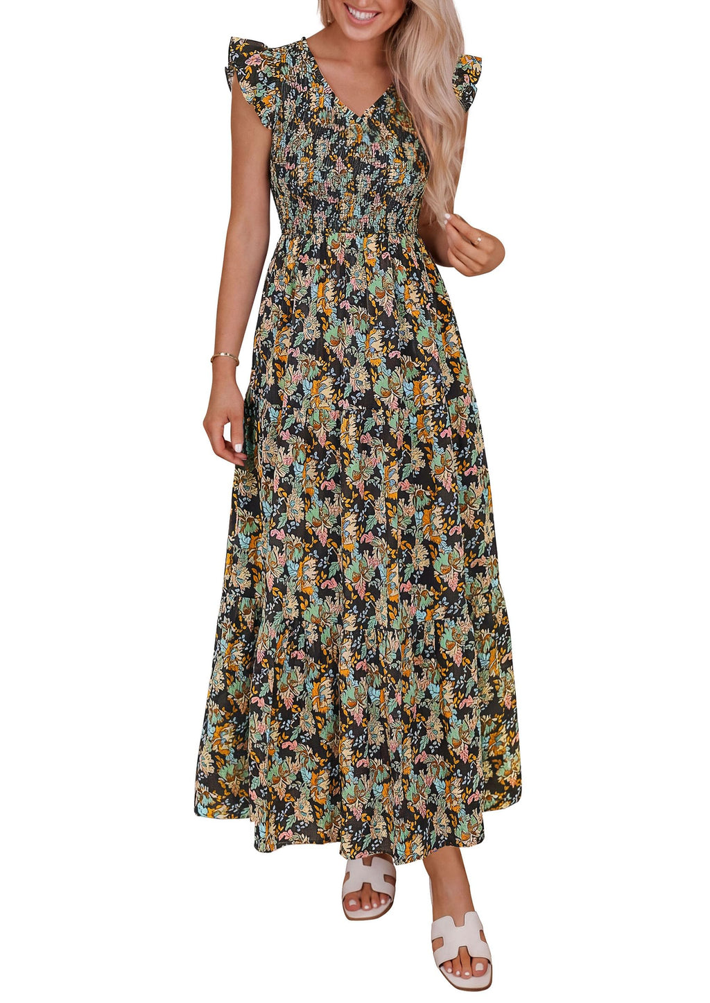 PRETTYGARDEN Women's Boho Floral Maxi Dress Summer Smocked V Neck Ruffle Sleeve Spring Flowy Beach Vacation Sundresses