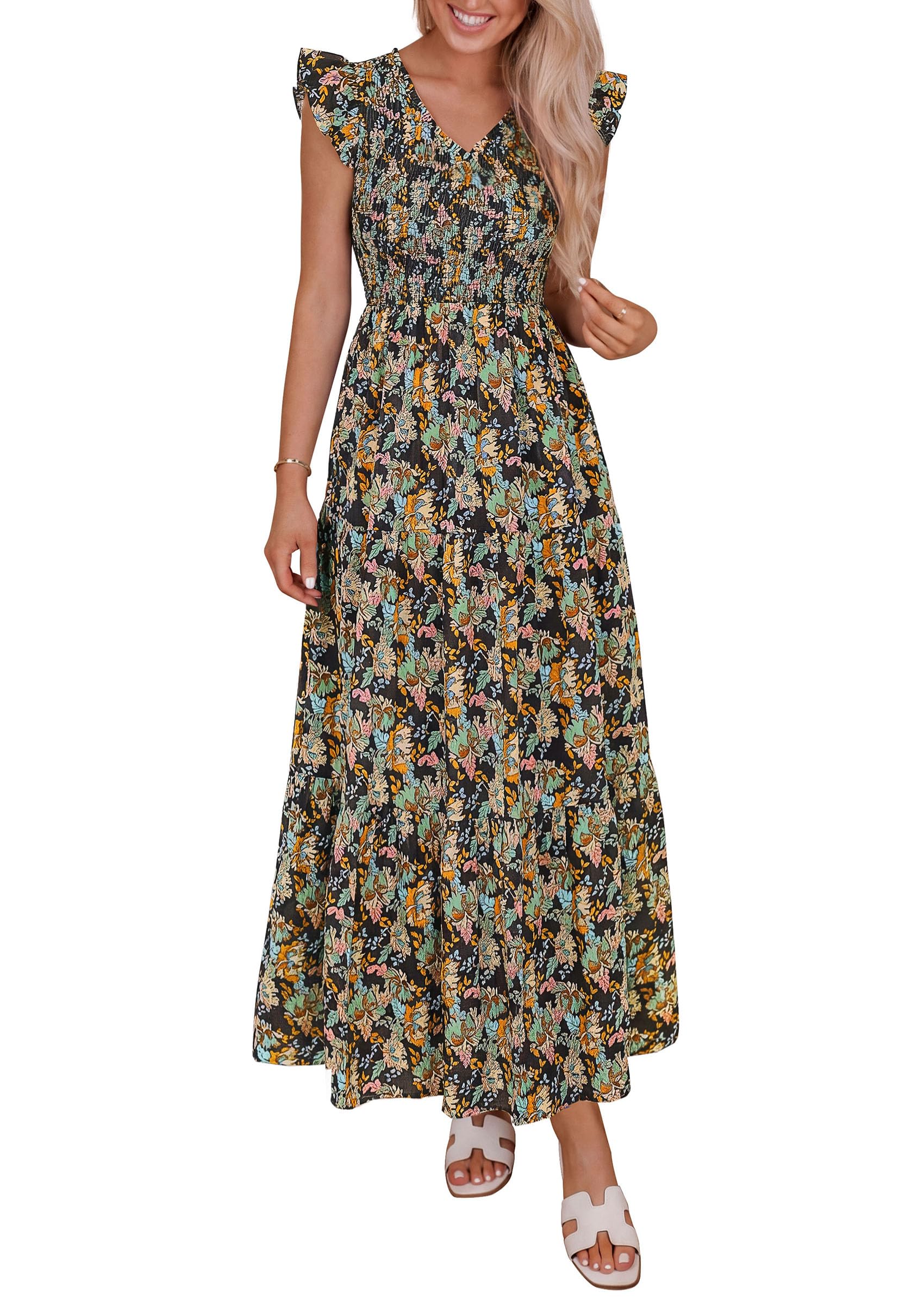 PRETTYGARDEN Women's Boho Floral Maxi Dress Summer Smocked V Neck Ruffle Sleeve Spring Flowy Beach Vacation Sundresses