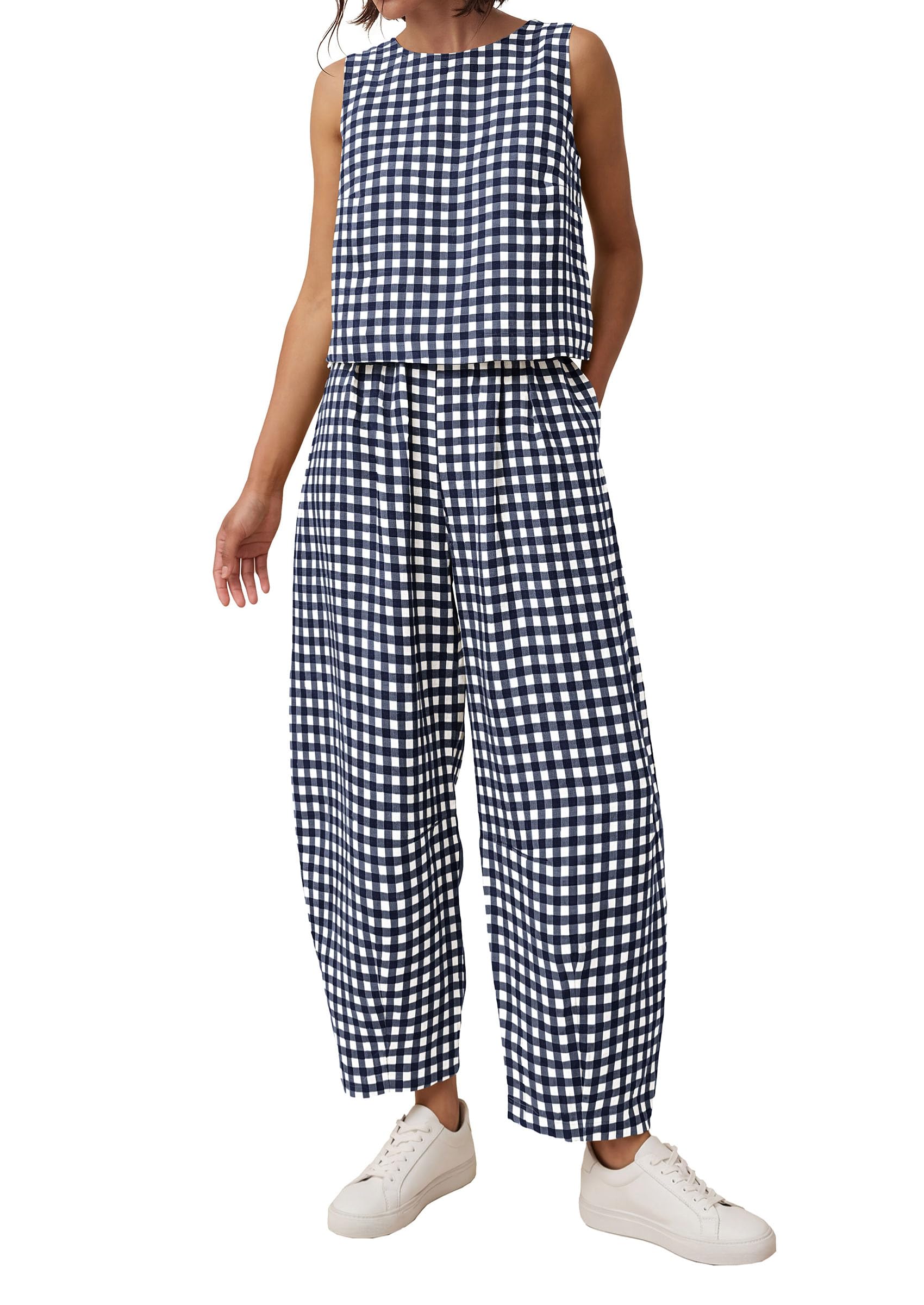 PRETTYGARDEN Womens 2 Piece Sets Summer Plaid Sleeveless Tops Wide Leg Pants Matching Lounge Set Beach Vacation Outfits
