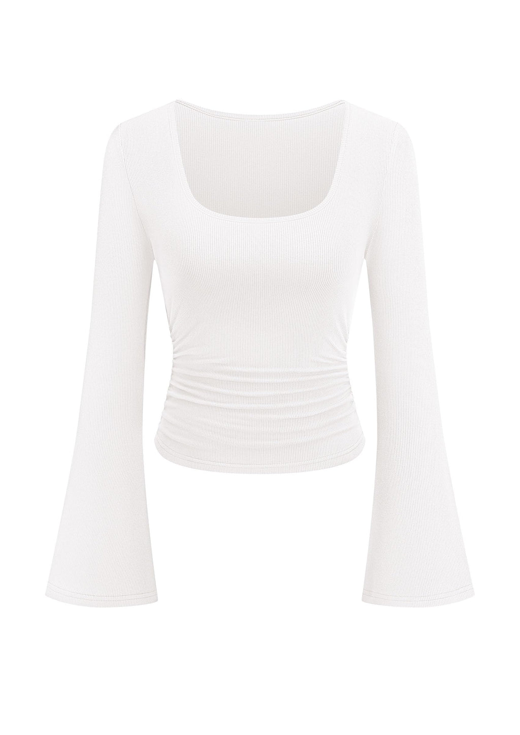 PRETTYGARDEN Womens Bell Long Sleeve Shirts Going Out Tops | Soft Stretchy Ribbed Knit, Square Neck, Slim Fit Y2K Clothes, Trendy Side Ruched, Layering Tee for Casual Fall & Winter Wear