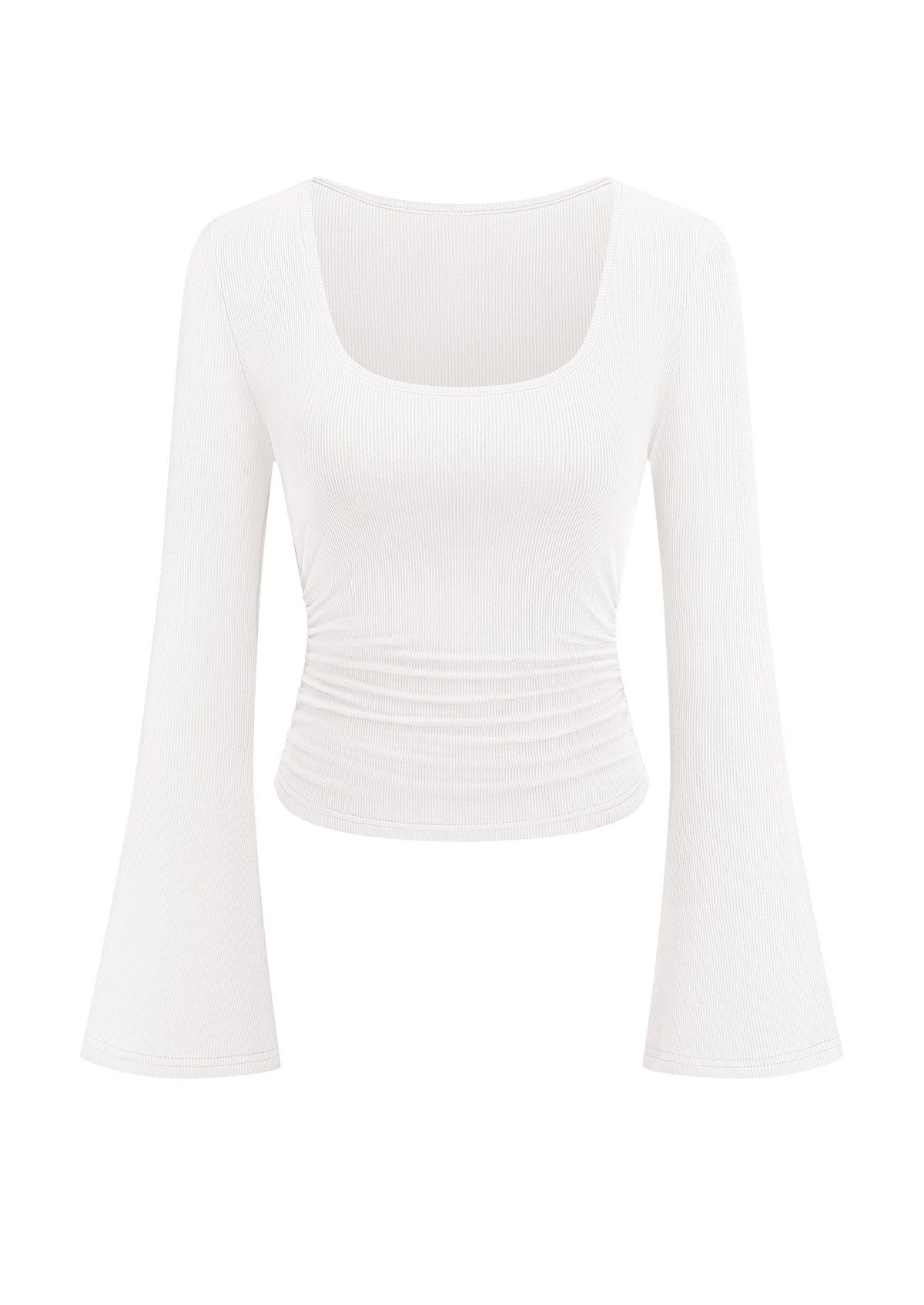 PRETTYGARDEN Womens Bell Long Sleeve Shirts Going Out Tops | Soft Stretchy Ribbed Knit, Square Neck, Slim Fit Y2K Clothes, Trendy Side Ruched, Layering Tee for Casual Fall & Winter Wear