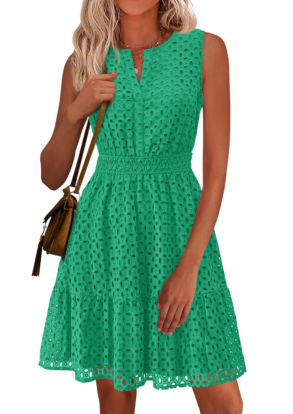 PRETTYGARDEN Women's Summer Dresses Sleeveless V Neck Eyelet Hollow Out Swing A Line Beach Vacation Sun Dress