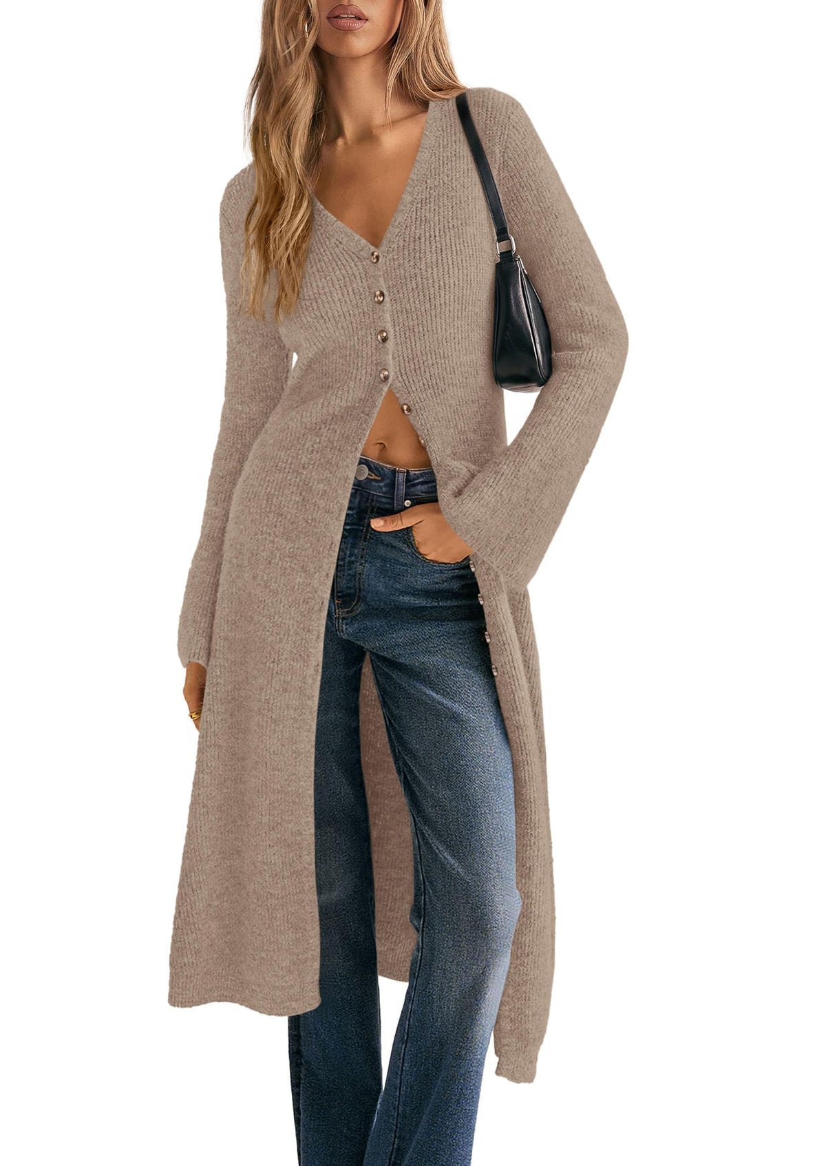 PRETTYGARDEN Women Long Cardigan Bell Sleeve Sweater Dress Early Fall Fashion, V Neck Button Down Coats, Fit and Flare, Duster Sweater, Acrylic Cotton Blend