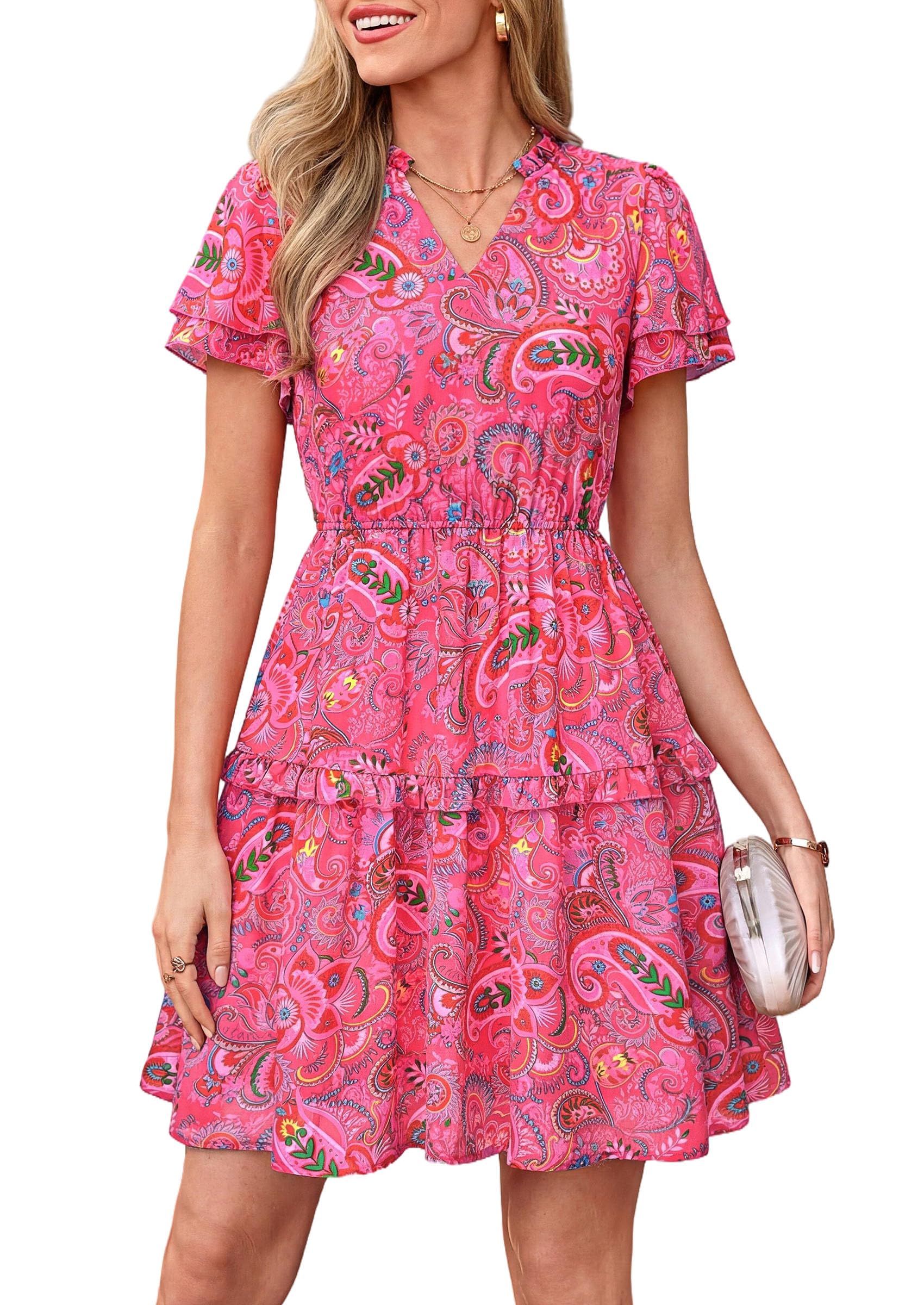 PRETTYGARDEN Womens Summer Floral Mini Dress  Trendy Ruffle Short Sleeve V Neck Flowy A Line Short Beach Dresses