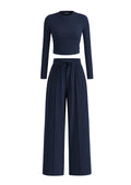 PRETTYGARDEN Women's 2 Piece Loungewear Long Sleeve Crop Top Wide Leg Palazzo Pants Set Tracksuits Casual Outfit