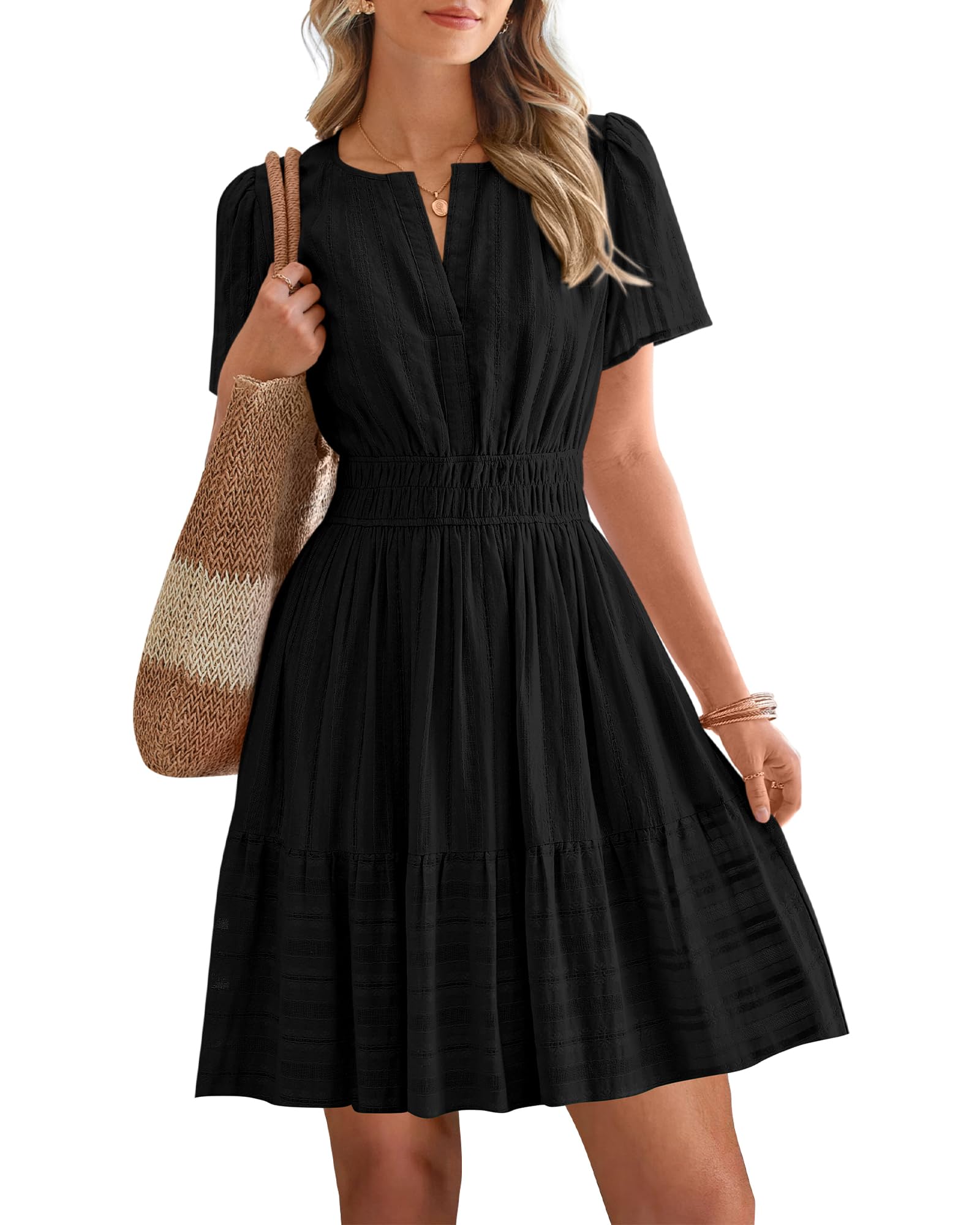 BTFBM Womens Spring  Casual Mini Dresses Lightweight Short Sleeve V Neck Elastic Waist Cute Boho Beach Dress Pockets