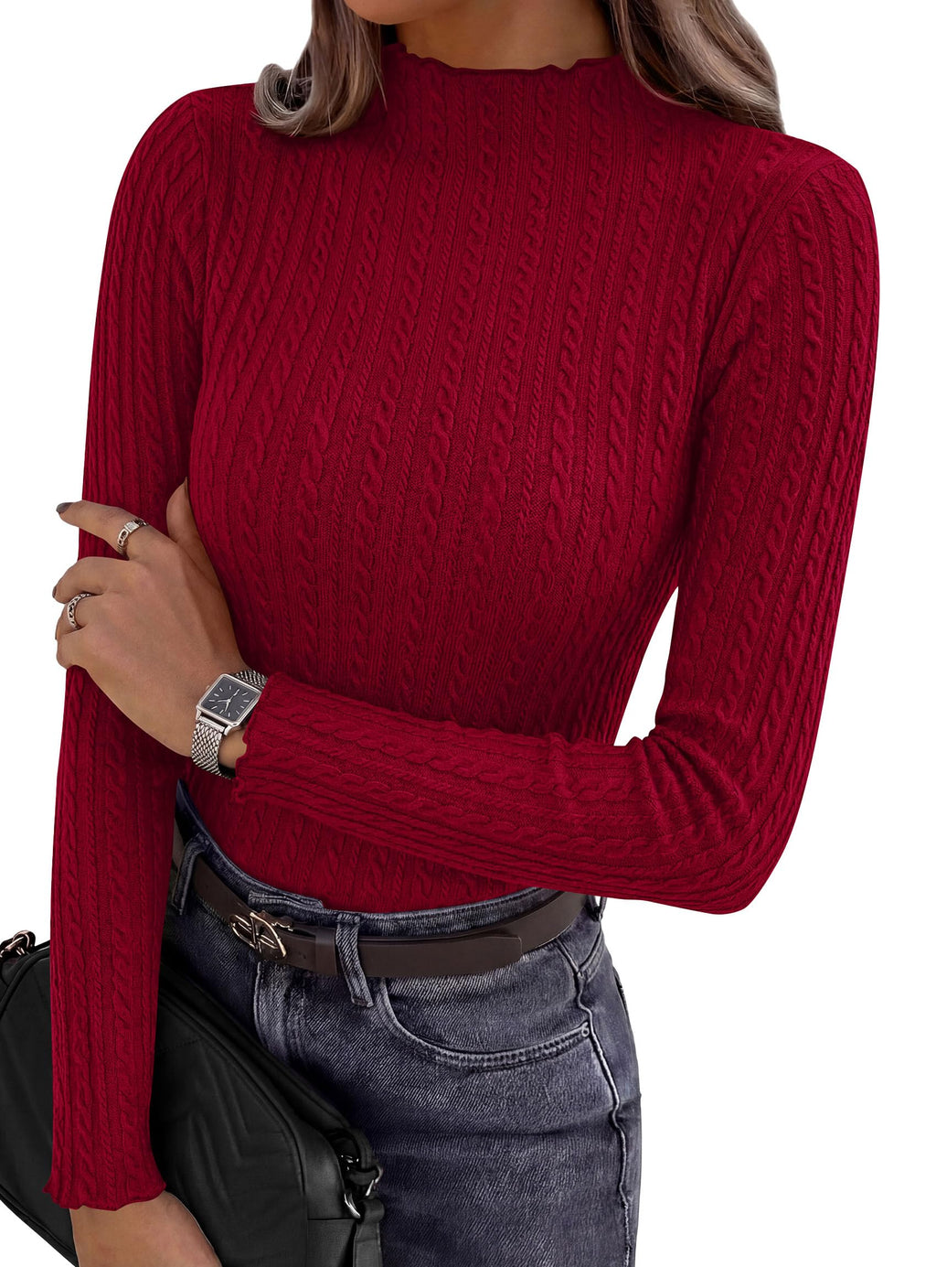 PRETTYGARDEN Women's Fall Long Sleeve Fitted Shirts | Comfy Stretchy Cable Knit, Trendy Lettuce Trim Mock Neck, Casual Basic Tees, Cute Layering Tops, 2026 Fashion Clothing