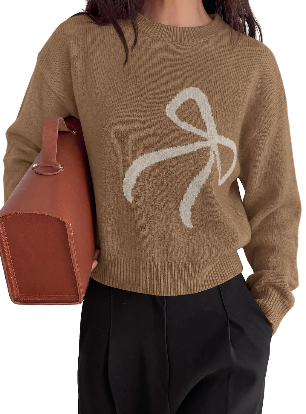 PRETTYGARDEN Womens Bow Sweater Cute Crewneck Long Sleeve Tops Fall Soft Cozy Knit Pullover,Relaxed Fit,Holiday Sweaters,Daily Wear,Work Office,Casual Going Out Y2k Tops,Winter Fashion Clothing