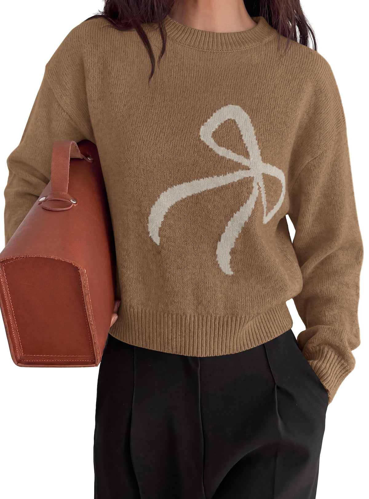 PRETTYGARDEN Womens Bow Sweater Cute Crewneck Long Sleeve Tops Fall Soft Cozy Knit Pullover,Relaxed Fit,Holiday Sweaters,Daily Wear,Work Office,Casual Going Out Y2k Tops,Winter Fashion Clothing