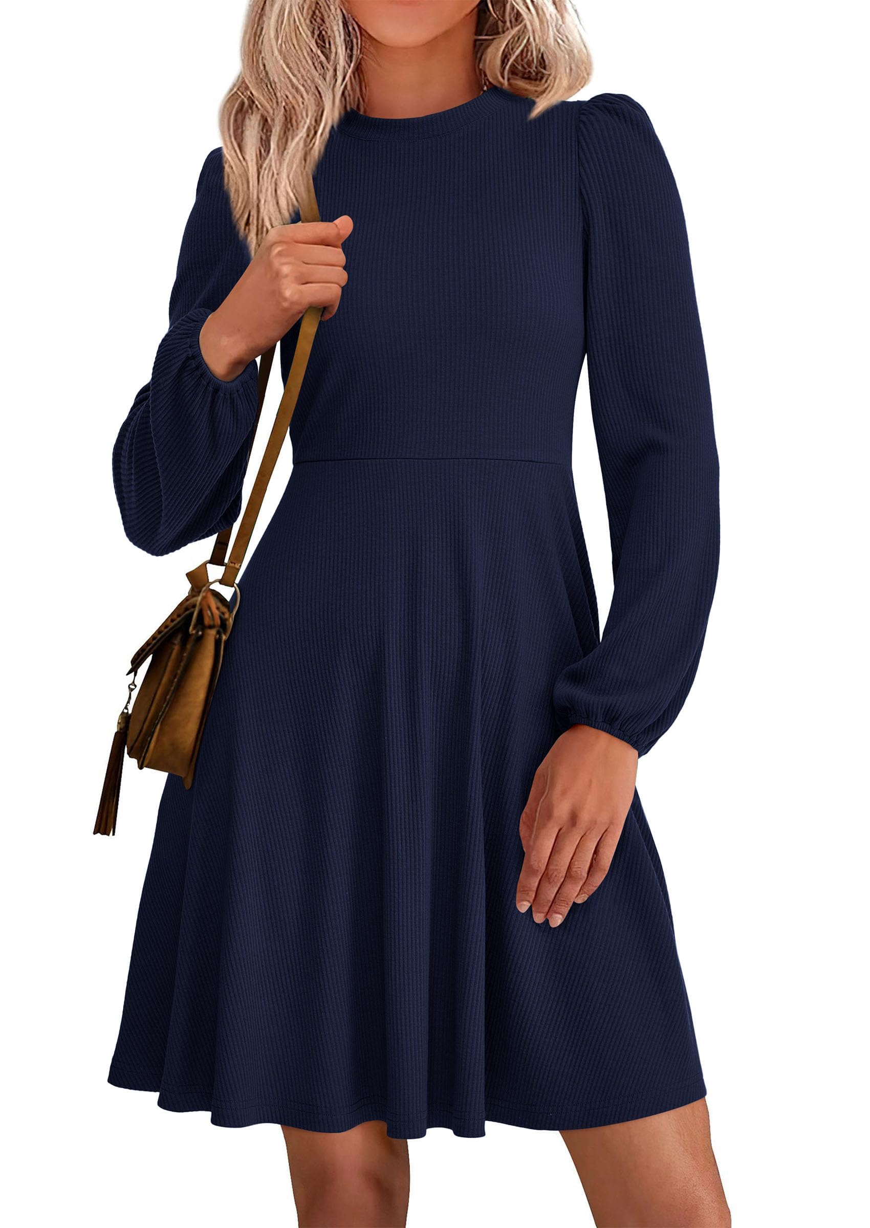 PRETTYGARDEN Womens Long Sleeve Mini Dress  Fall Trendy Crewneck Ribbed Knit Soft A Line Flowy Summer Formal Dresses