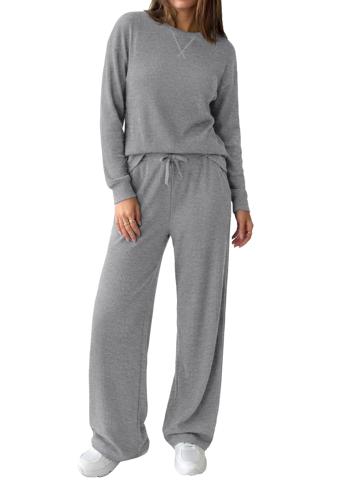 PRETTYGARDEN Sweatsuits Women 2 Piece Airport Travel Outfits | Ribbed Knit Lounge Sets, Casual Athleisure Wear, Matching Long Sleeve Shirts & Wide Leg Pants Pockets, Fall Winter Clothes