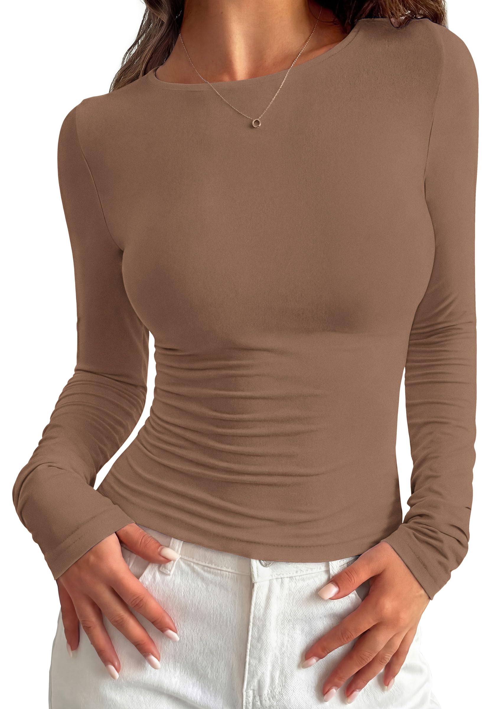 PRETTYGARDEN Long Sleeve Shirts for Women  Fall Casual Crewneck Tight Slim Fit Layering Basic T Shirt Going Out Tops