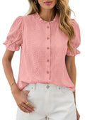 PRETTYGARDEN Womens Puff Short Sleeve Tops  Summer Spring Button Down Boho Embroidered Cute Blouse Dressy Casual Shirts