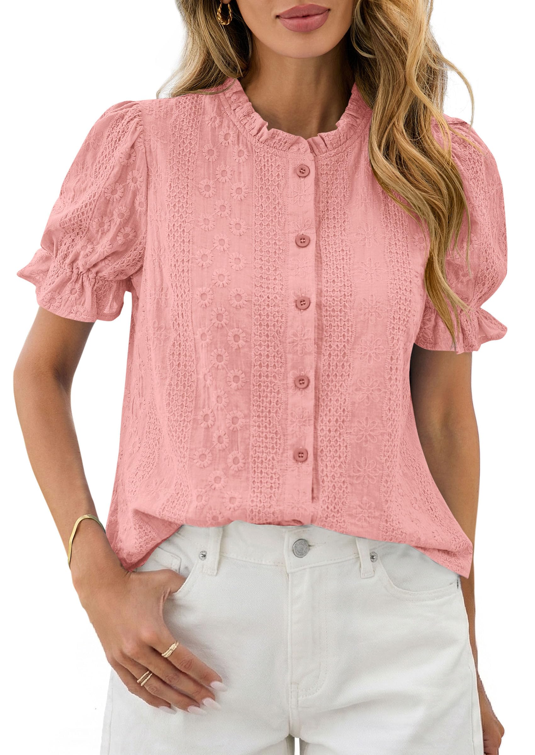 PRETTYGARDEN Womens Puff Short Sleeve Tops  Summer Spring Button Down Boho Embroidered Cute Blouse Dressy Casual Shirts