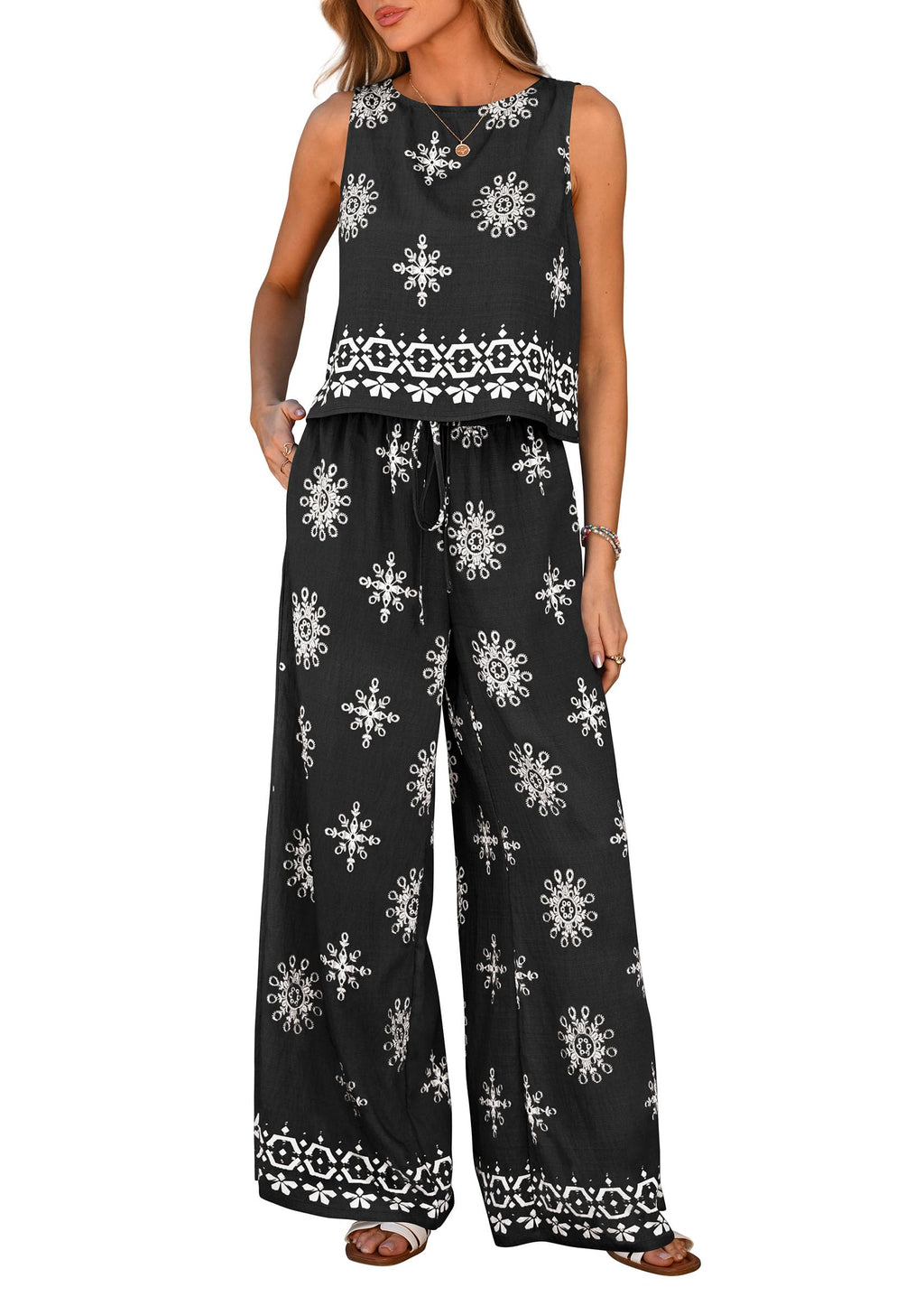 PRETTYGARDEN Women's Summer 2 Piece Lounge Sets Boho Floral Tank Tops Flowy Wide Leg Pants Travel Beach Vacation Outfits