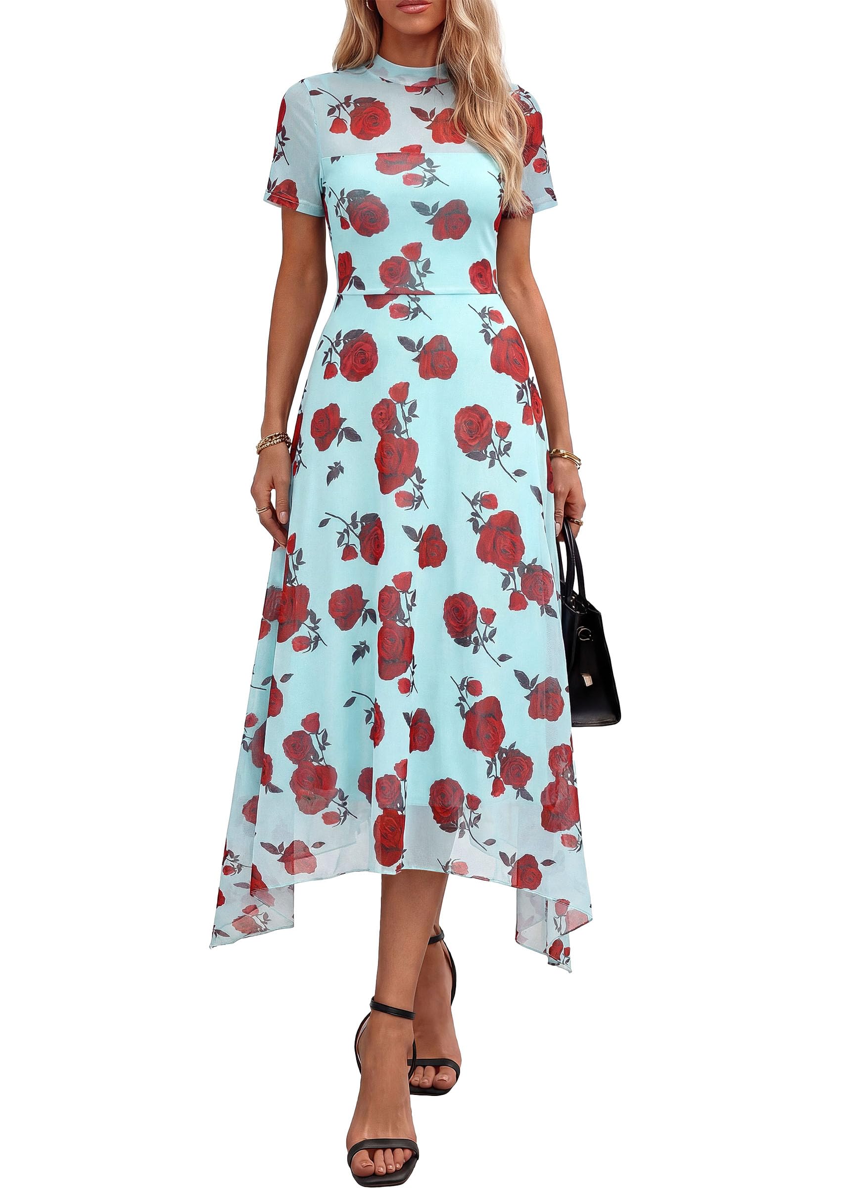 PRETTYGARDEN Cocktail Dresses for Women  Summer Short Sleeve Floral Mesh Sheer Midi Party Wedding Guest Dress