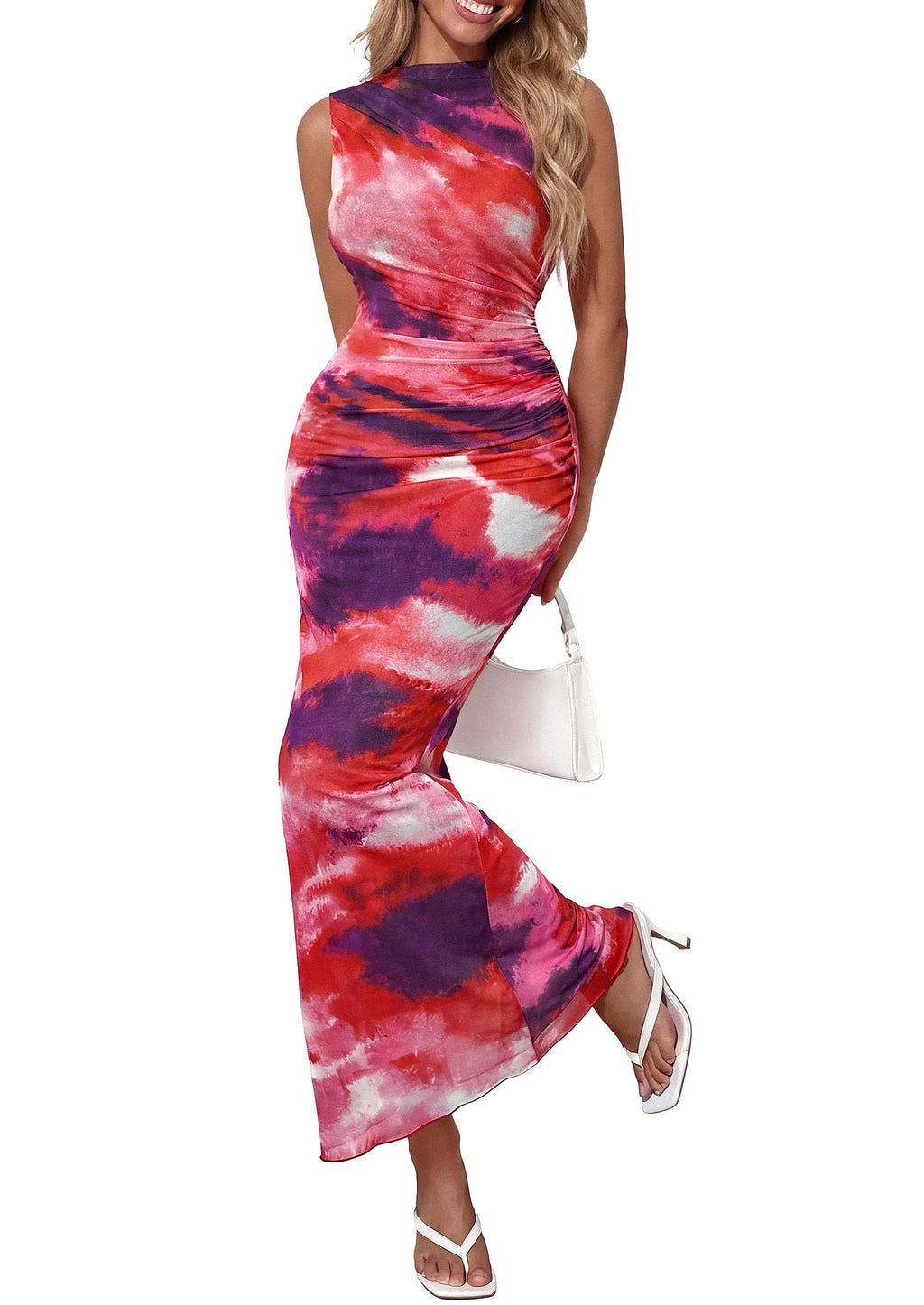 PRETTYGARDEN Summer Dresses for Women  Sleeveless Bodycon Maxi Spring Mock Neck Tie Dye Mesh Cocktail Going Out Dress
