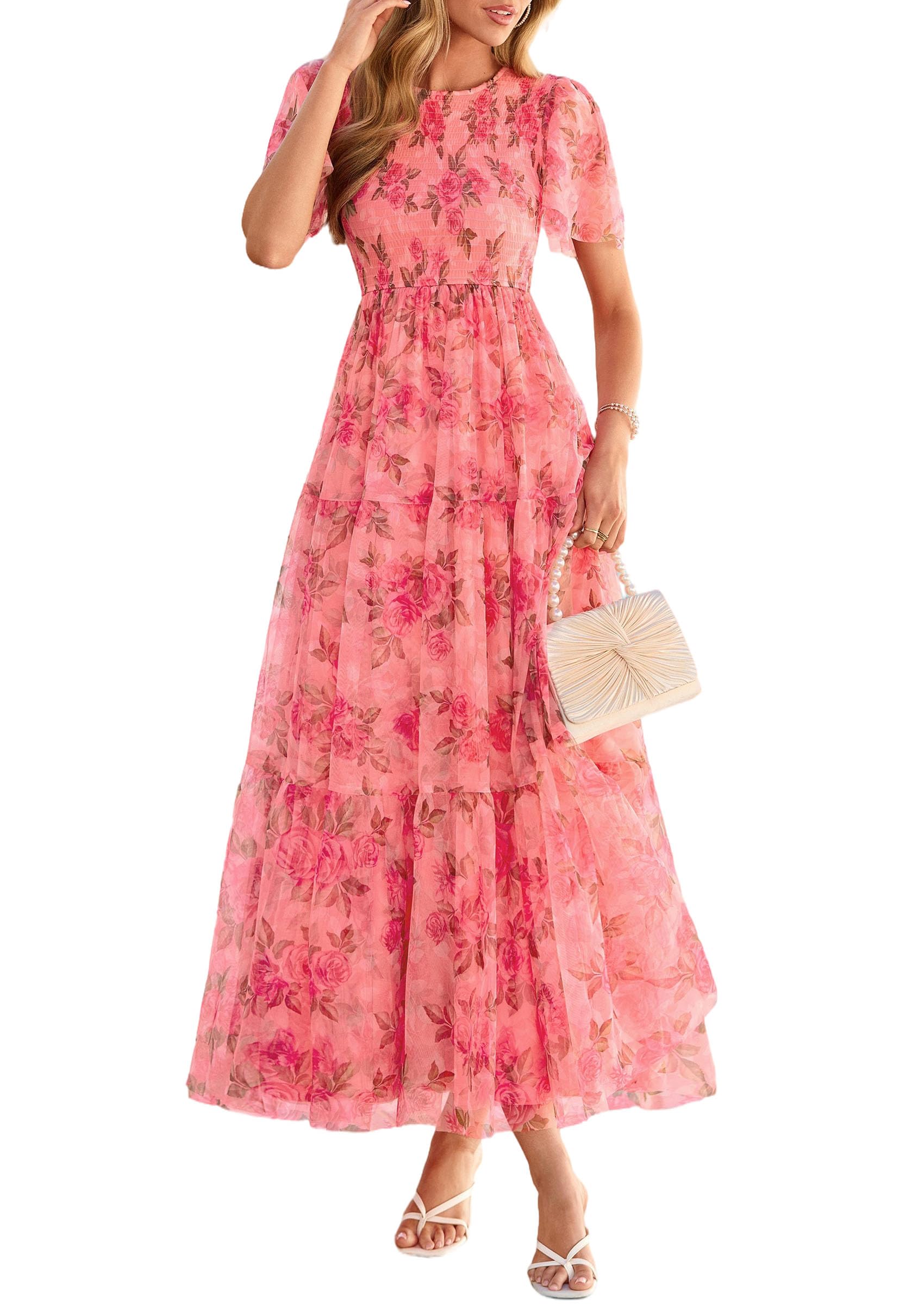 PRETTYGARDEN Tulle Floral Dress Women Summer Wedding Guest  Spring Short Sleeve Maxi Smocked Flowy Beach Party Dresses