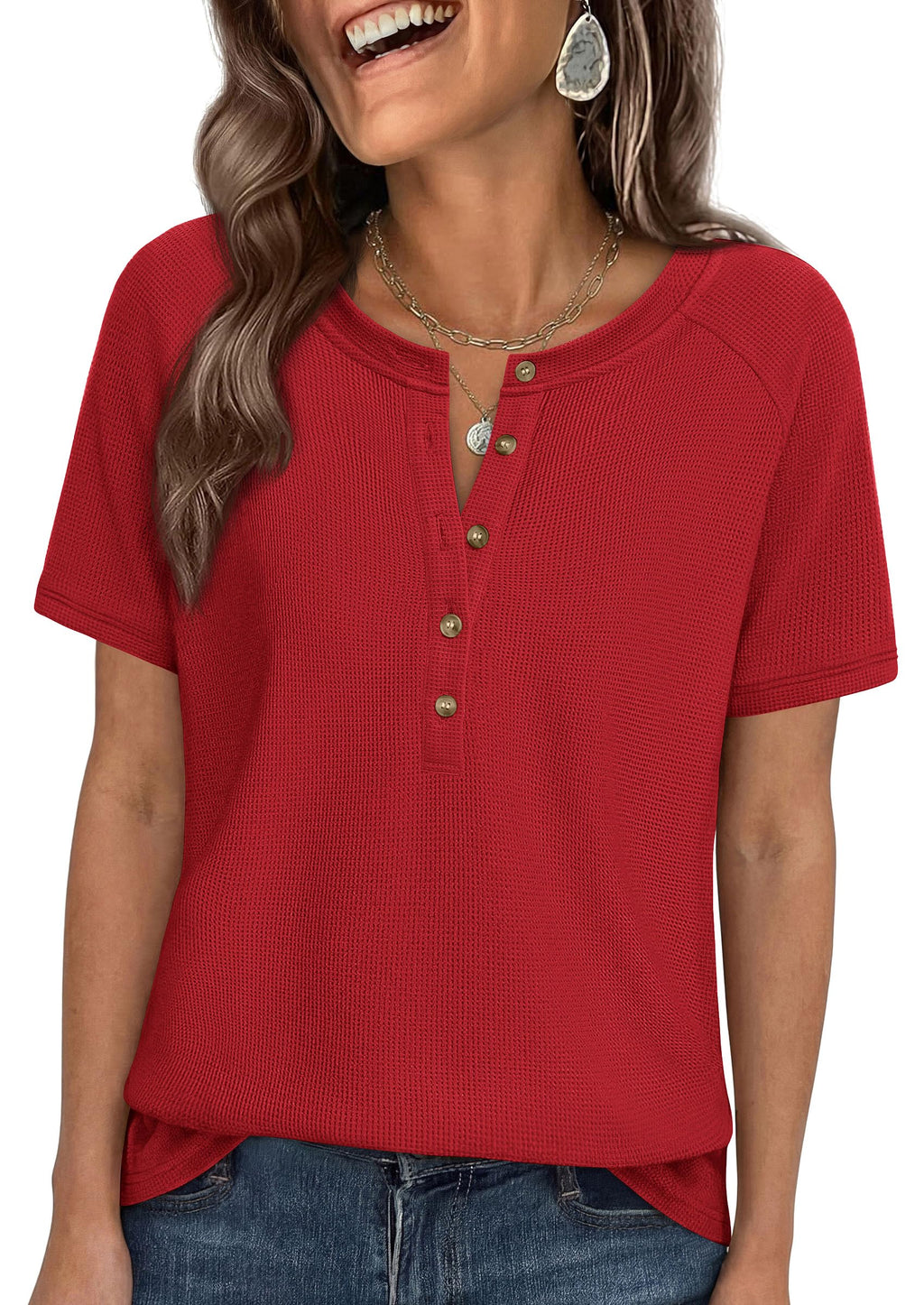 PRETTYGARDEN Waffle Knit Tops for Women Short Sleeve Henley Shirts  Summer Blouses Dressy Casual Spring Fashion Clothes