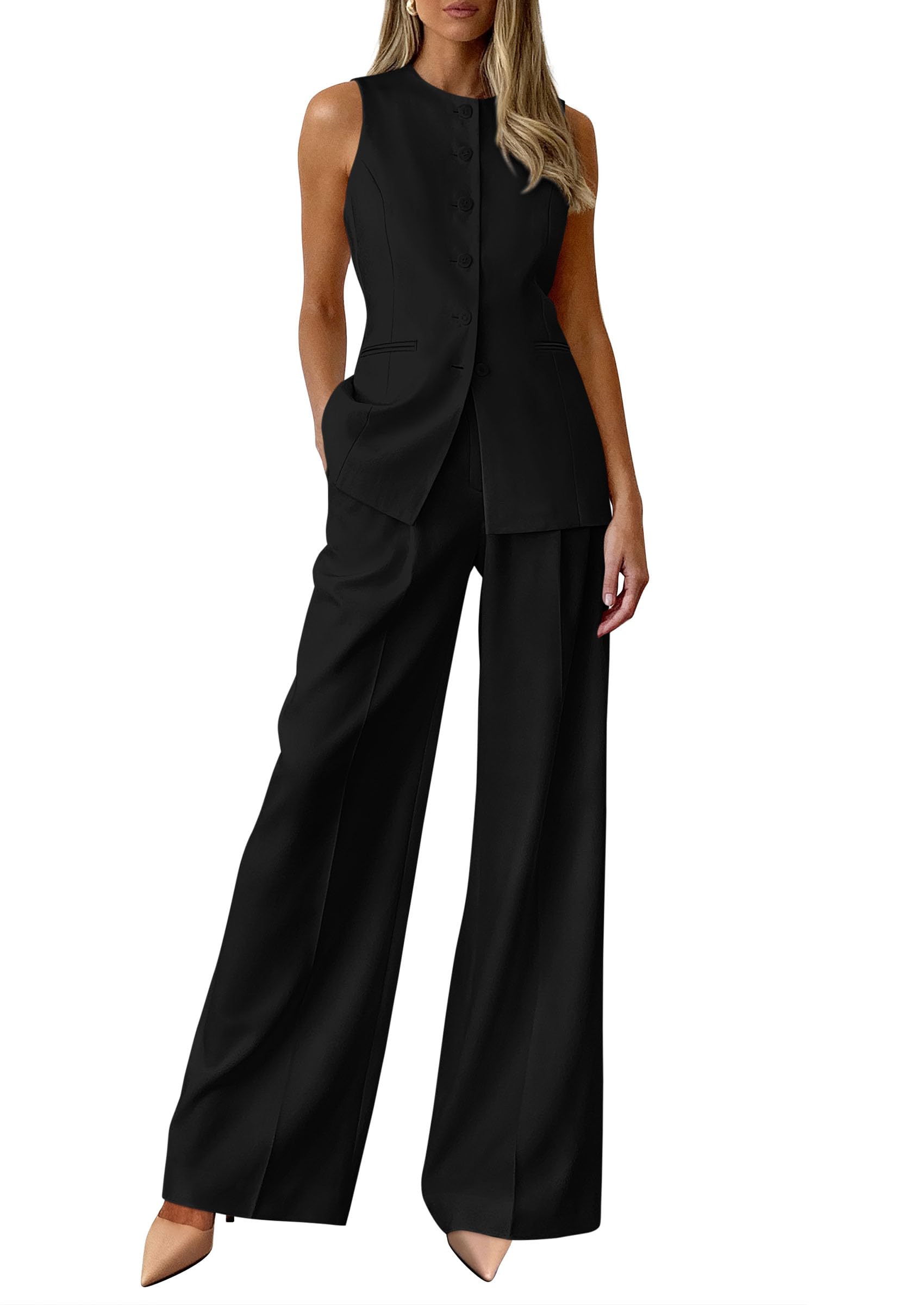 PRETTYGARDEN Women's 2 Piece Sets Summer  Work Clothes Sleeveless Blazer Vest Pants Suits Spring Business Casual Outfits