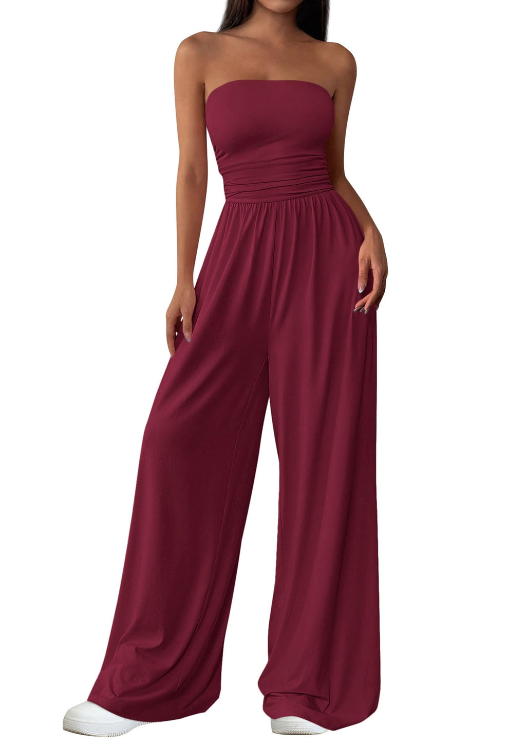 PRETTYGARDEN Womens Trendy Strapless Rompers Ruched Tube Top Wide Leg One Piece Jumpsuits Beach Vacation Summer Outfits