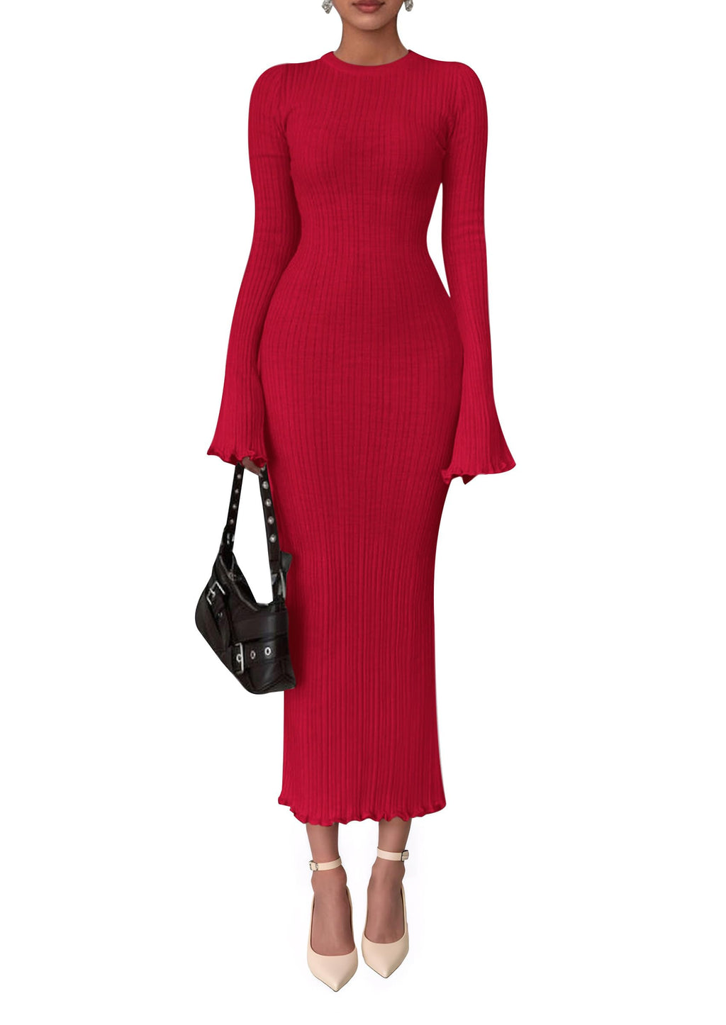 PRETTYGARDEN Sweater Dresses for Women  Fall Bell Long Sleeve Crew Neck Bodycon Maxi Dress Winter Ribbed Knit Outfits