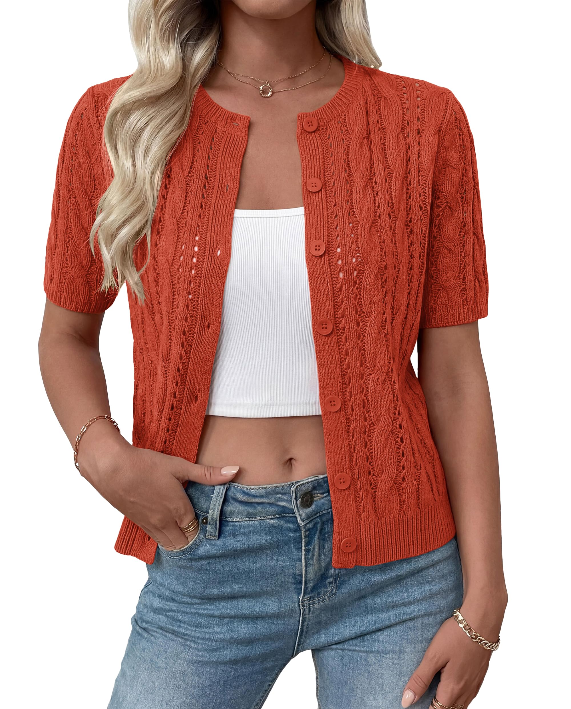 FreshPretty  Women Summer Cable Knit Crochet Cardigan Sweaters Casual Button Short Sleeve Sweater Cute Beach Hollow Out Knit Top