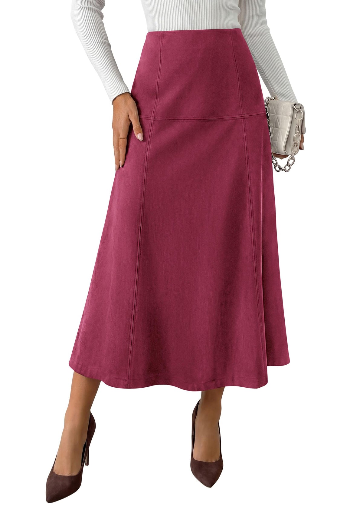 PRETTYGARDEN Womens High Waist Faux Suede A Line Midi Skirt | Hidden Stretch Elastic Waist, Front Back Panel Stitching, Vintage Elegant Mid-Calf Long Skirts for Fall Winter Office Daily