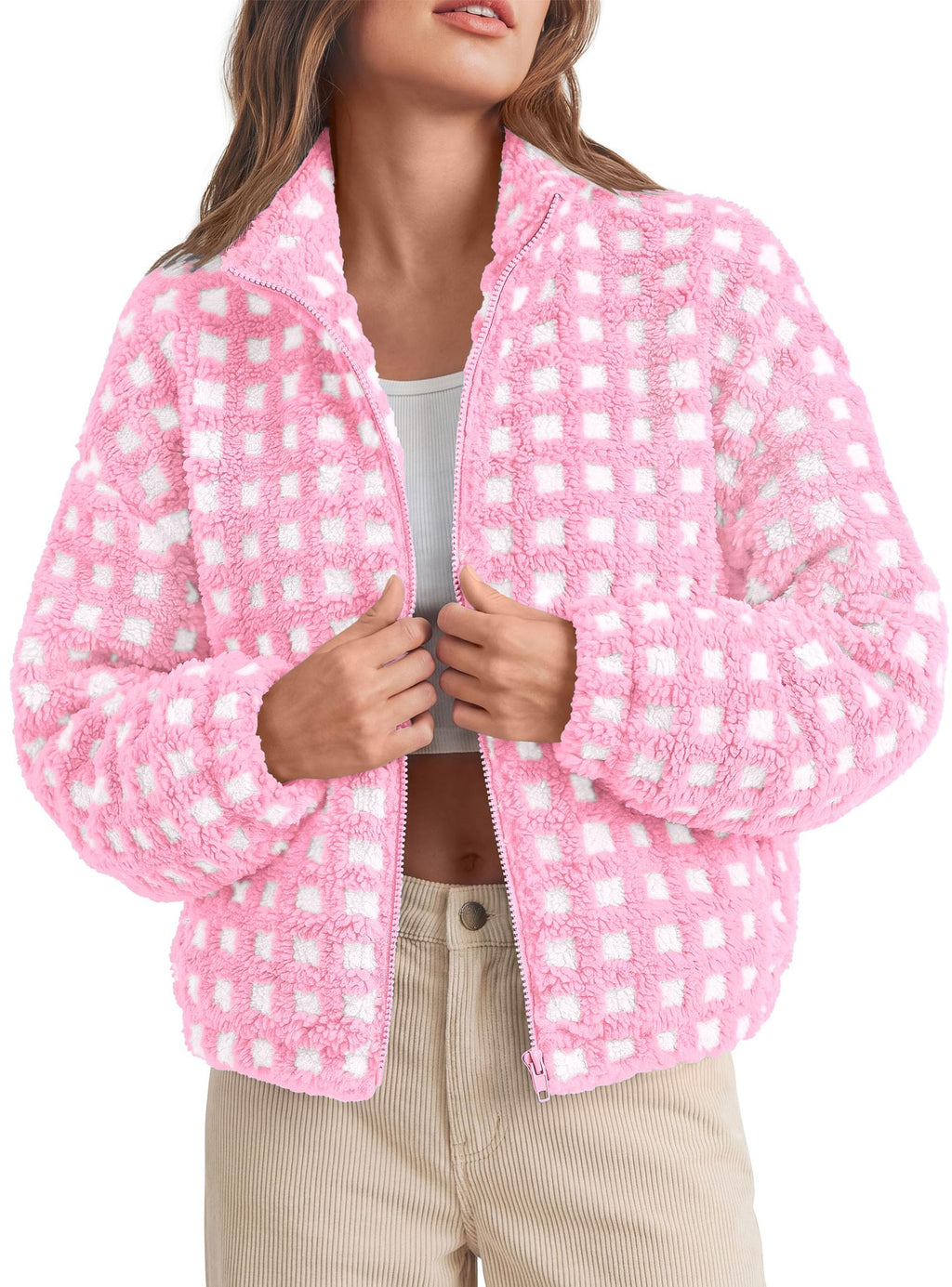 PRETTYGARDEN Women's Gingham Sherpa Fleece Jacket Plaid Cropped Teddy Coat Trendy Y2K Winter Jacket, Zip Up Stand Collar, Side Pockets, Fall Outfit for Casual Daily, Going Out, Streetwear, Outdoor