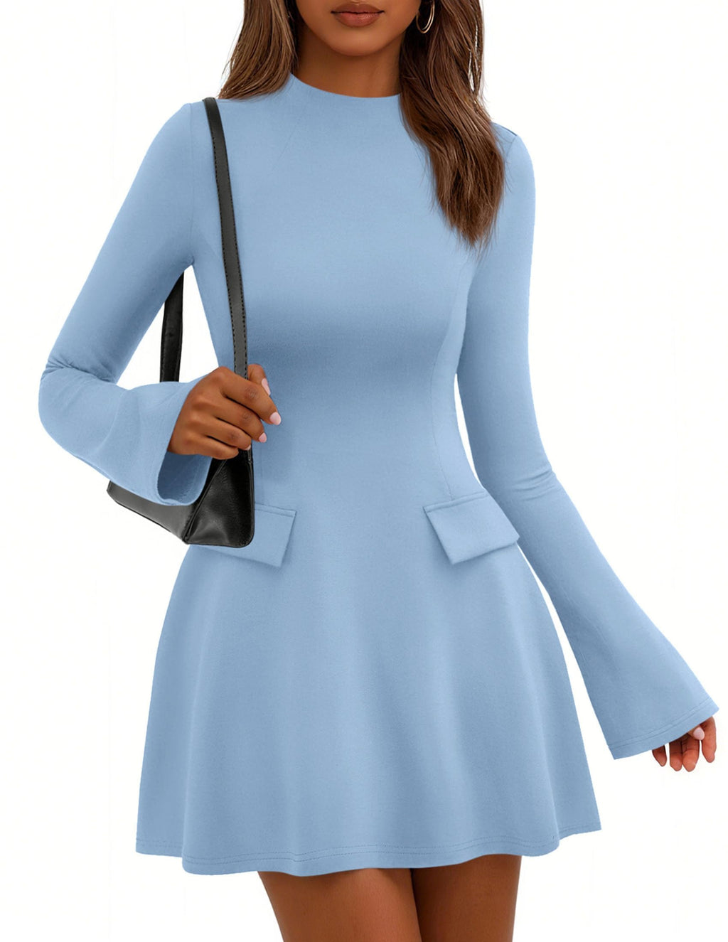 PRETTYGARDEN Women's Elegant Holiday Short Dress  Fall Bell Long Sleeve Mock Neck Work Business Casual Party Mini Dress