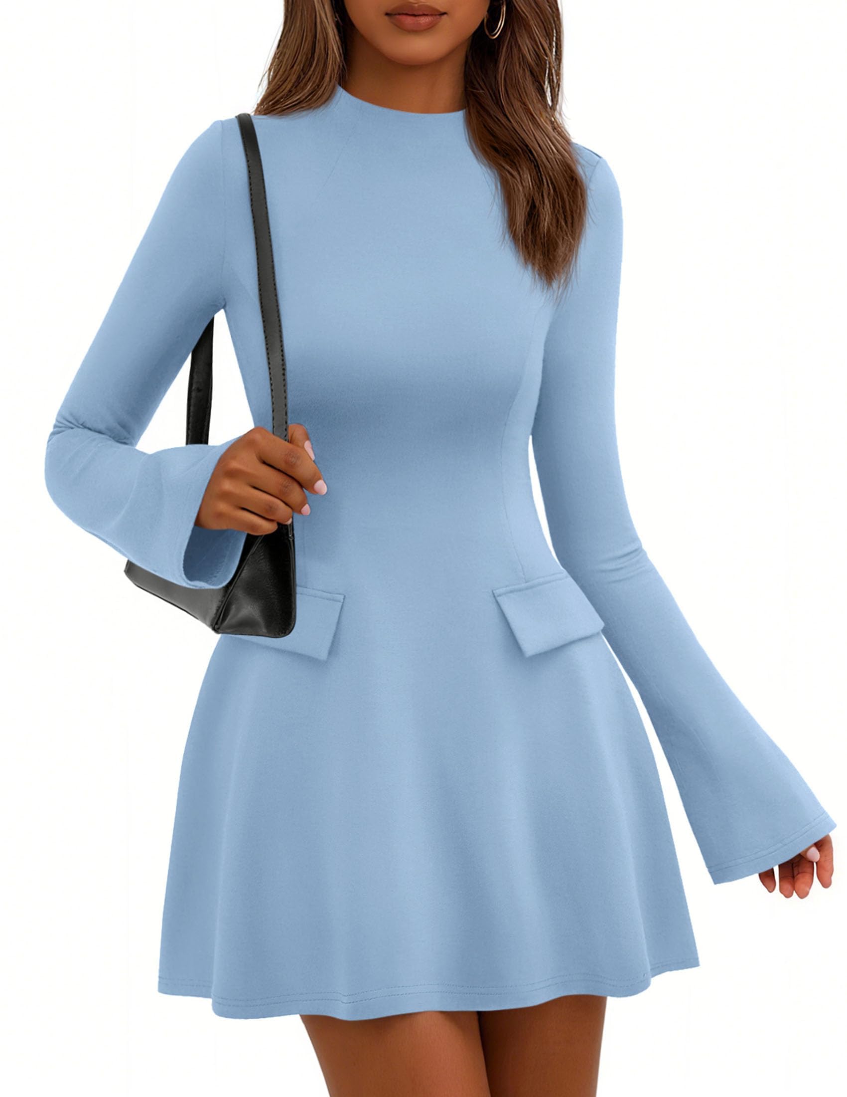 PRETTYGARDEN Women's Elegant Holiday Short Dress  Fall Bell Long Sleeve Mock Neck Work Business Casual Party Mini Dress