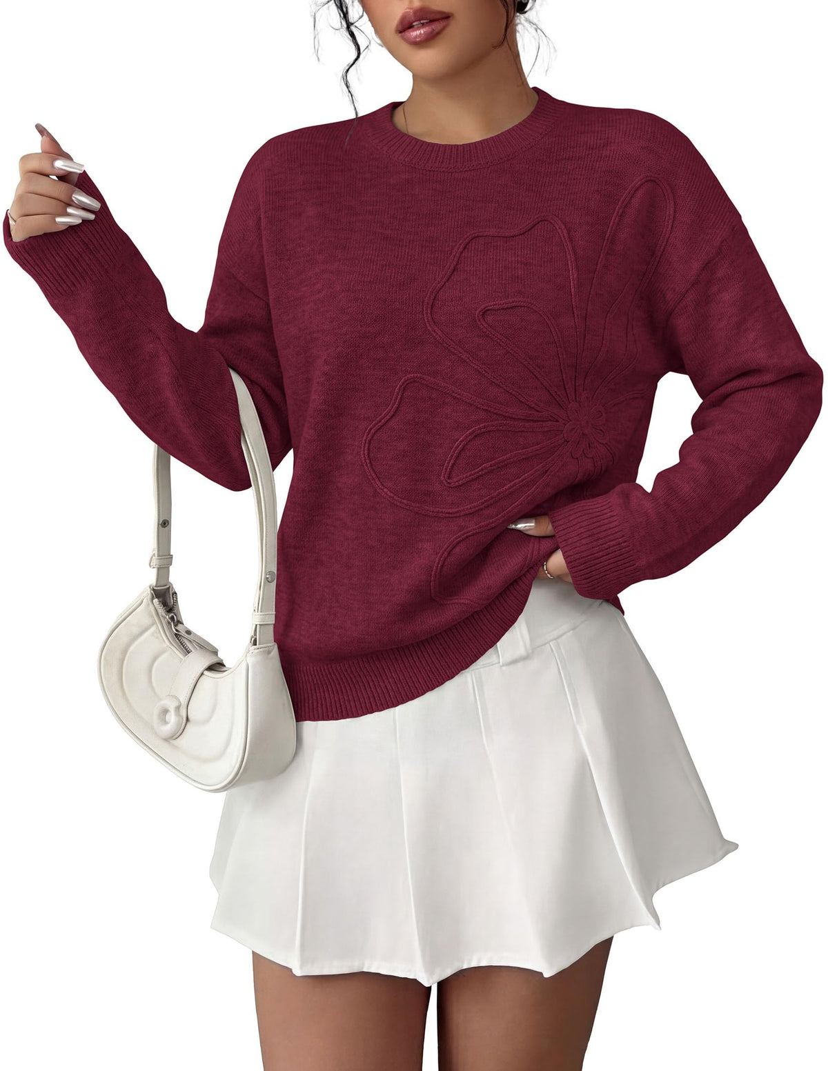 PRETTYGARDEN Women Fall Sweaters Trendy Floral Knit Pullover | Flower Embroidered Tops, Crew Neck, Soft Long Sleeve Shirts, Cozy Winter Layering Clothes for Casual Outing, Holiday Party