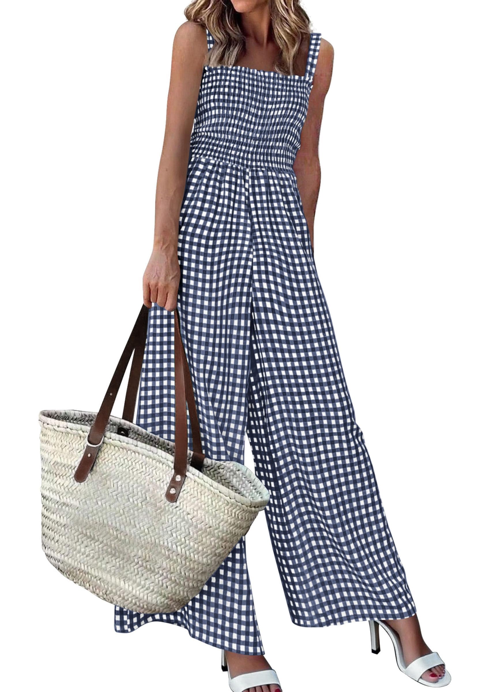 PRETTYGARDEN One Piece Jumpsuits for Women Casual Summer Cruise Outfits  Spring Fashion Smocked Wide Leg Gingham Rompers