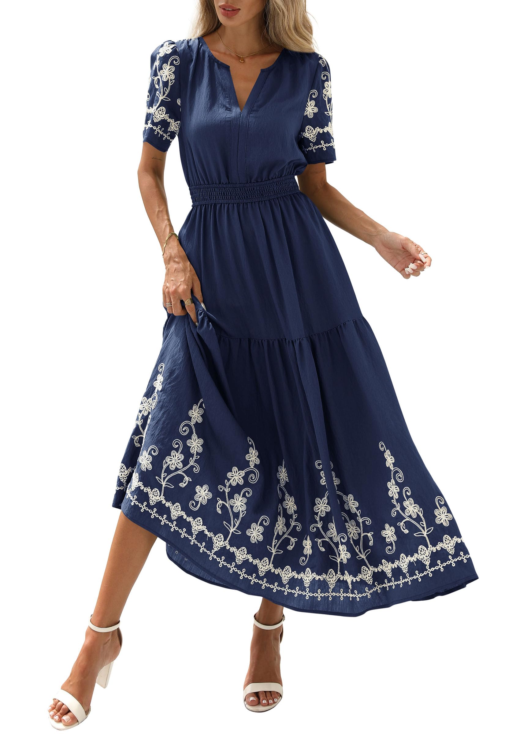 PRETTYGARDEN Women's Summer Boho Maxi Dress Spring Floral Short Sleeve V Neck A Line Flowy Beach Wedding Guest Dresses