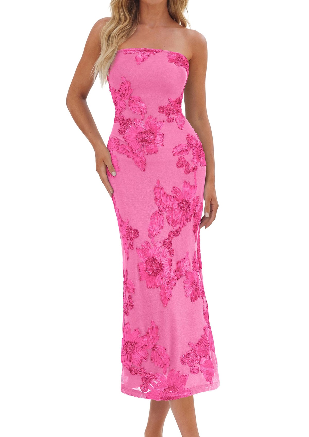 PRETTYGARDEN Women's Summer Wedding Guest Floral Midi Dress Strapless Tube Top, Side Slit, Bodycon Mesh, Elegant Cocktail Dresses for Homecoming Party, Birthday, Dinner, Formal Gowns