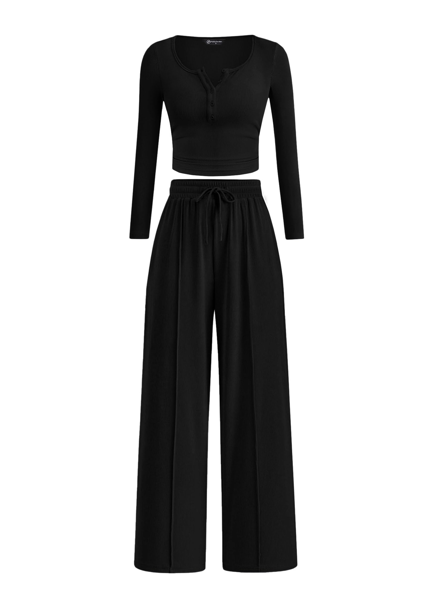 PRETTYGARDEN Women's  Fall Trendy 2 Piece Outfits Lounge Sets Long Sleeve Top Henley Shirts Wide Leg Pants Travel Clothes