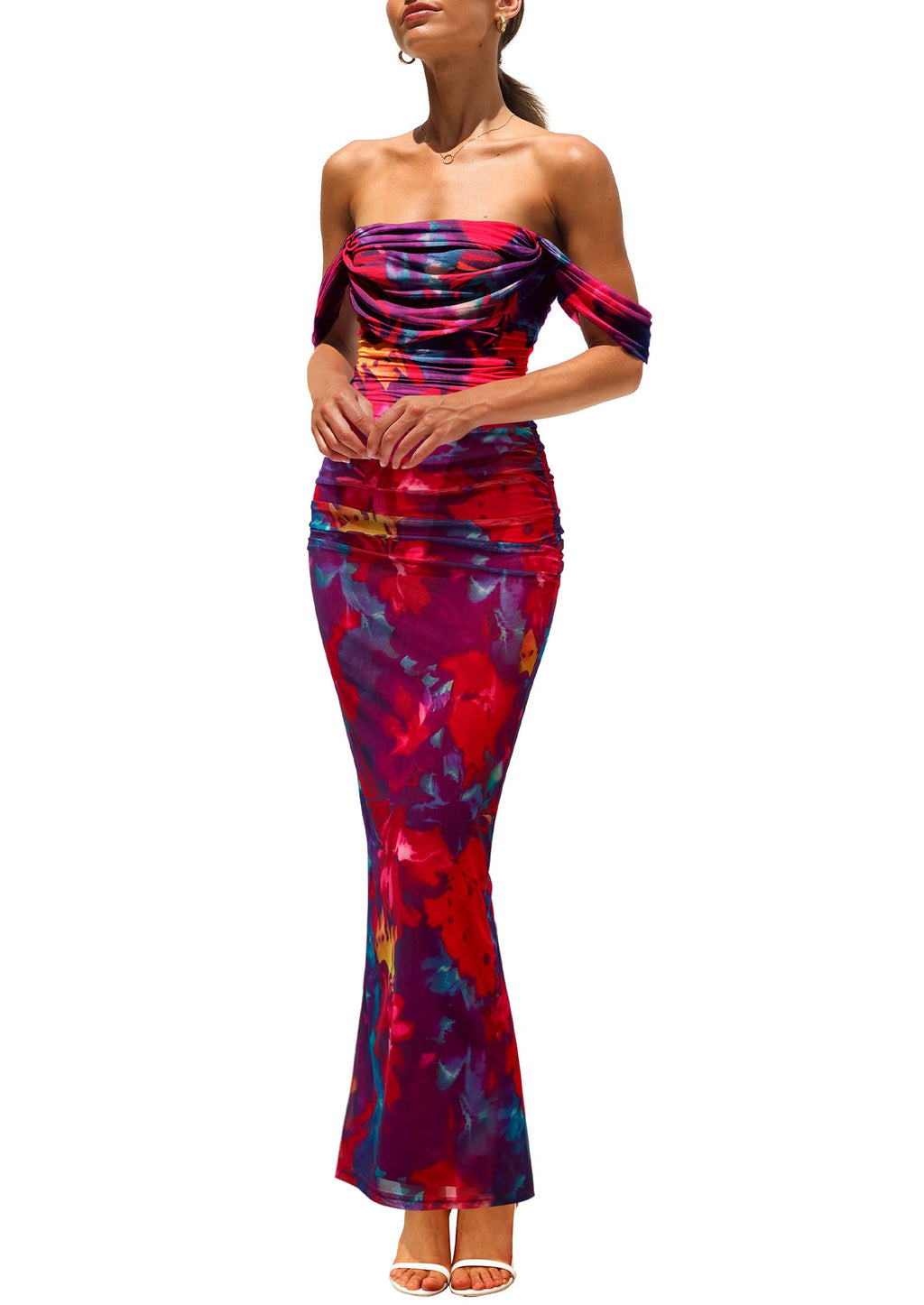 PRETTYGARDEN Cocktail Dresses for Women Summer Floral Off Shoulder Ruched Mesh Elegant Wedding Guest Maxi Dress