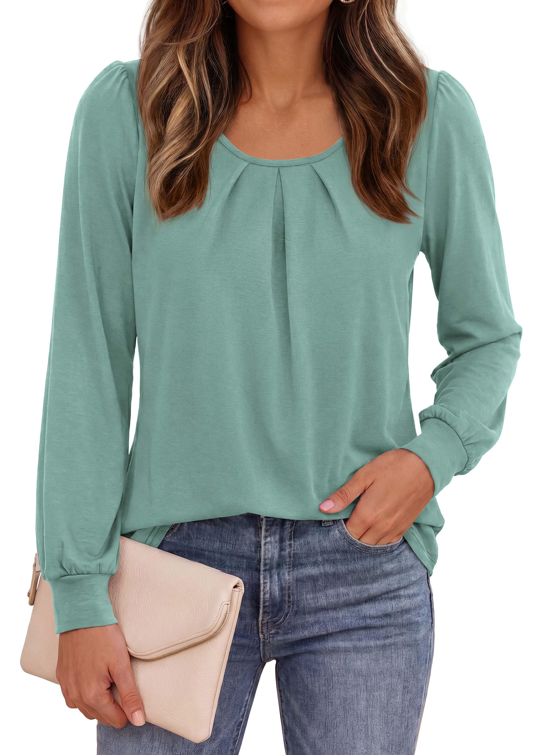 PRETTYGARDEN Womens Long Puff Sleeve Tops Crew Neck Blouse | Pleated Front, Loose Fit Soft, Business Casual Work Shirts, Dressy Daily Wear, School Travel Outfits, Fall Winter Clothing