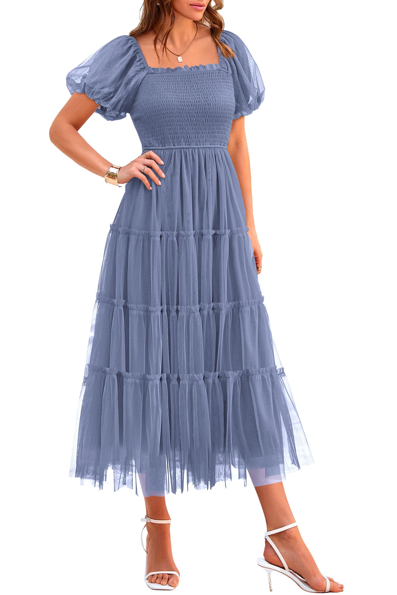 PRETTYGARDEN Women's Smocked Midi Tulle Dress  Summer Puffy Short Sleeve Square Neck Ruffle Wedding Guest Party Dresses