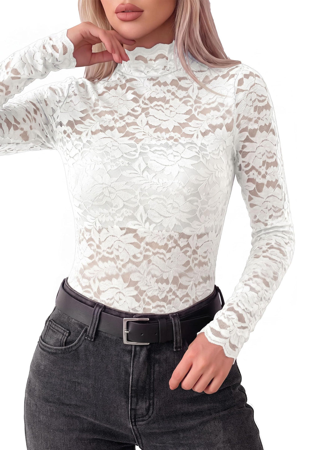 PRETTYGARDEN Womens Lace Long Sleeve Tops Sheer Mesh Blouse | Mock Neck Floral See Through, Slim Fitted, Soft Stretchy Elegant, Going Out Concert, Club Party Outfits, Fall Fashion Clothes