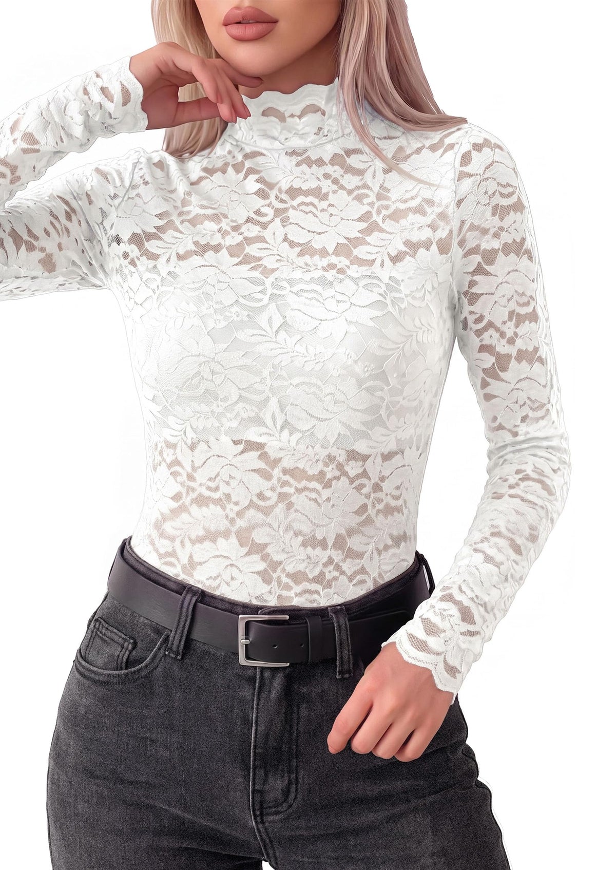PRETTYGARDEN Womens Lace Long Sleeve Tops Sheer Mesh Blouse | Mock Neck Floral See Through, Slim Fitted, Soft Stretchy Elegant, Going Out Concert, Club Party Outfits, Fall Fashion Clothes
