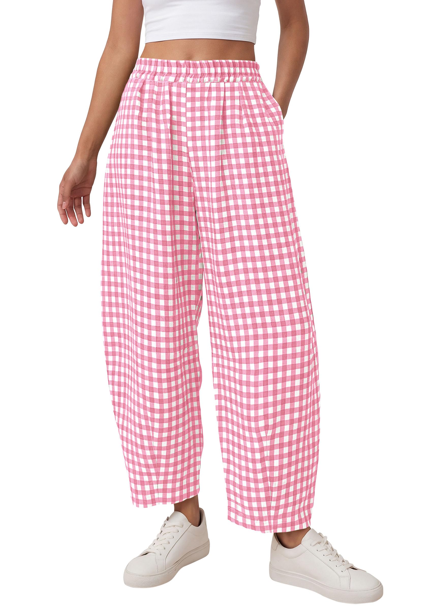 PRETTYGARDEN Plaid Barrel Pants Women Summer Casual Loose Wide Leg Lounge Gingham Trousers Spring Fashion Beach Bottoms