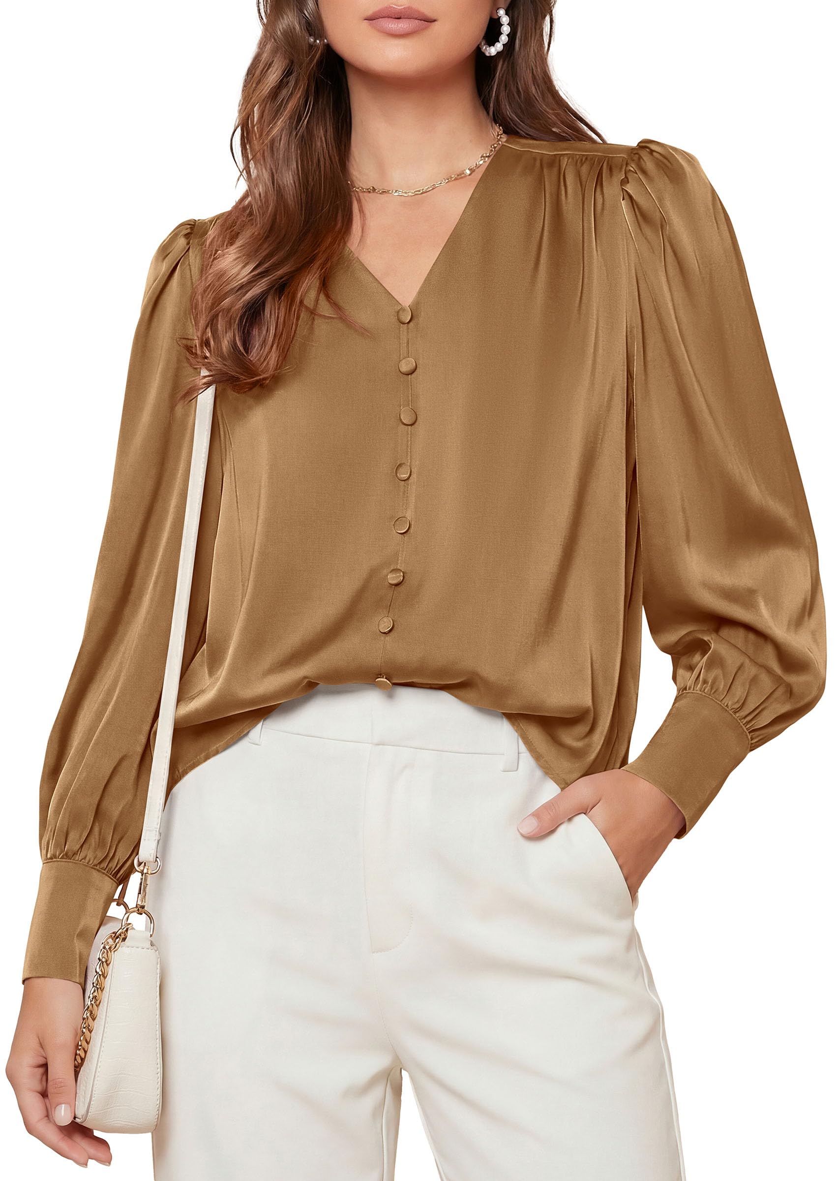 PRETTYGARDEN Satin Long Sleeve Womens Blouses Dressy Casual | Glossy Smooth Silk Fabric,Lantern Sleeve Fall Tops,Decorative Button Pullover,V Neck Shirts,Office Work Business Outfits
