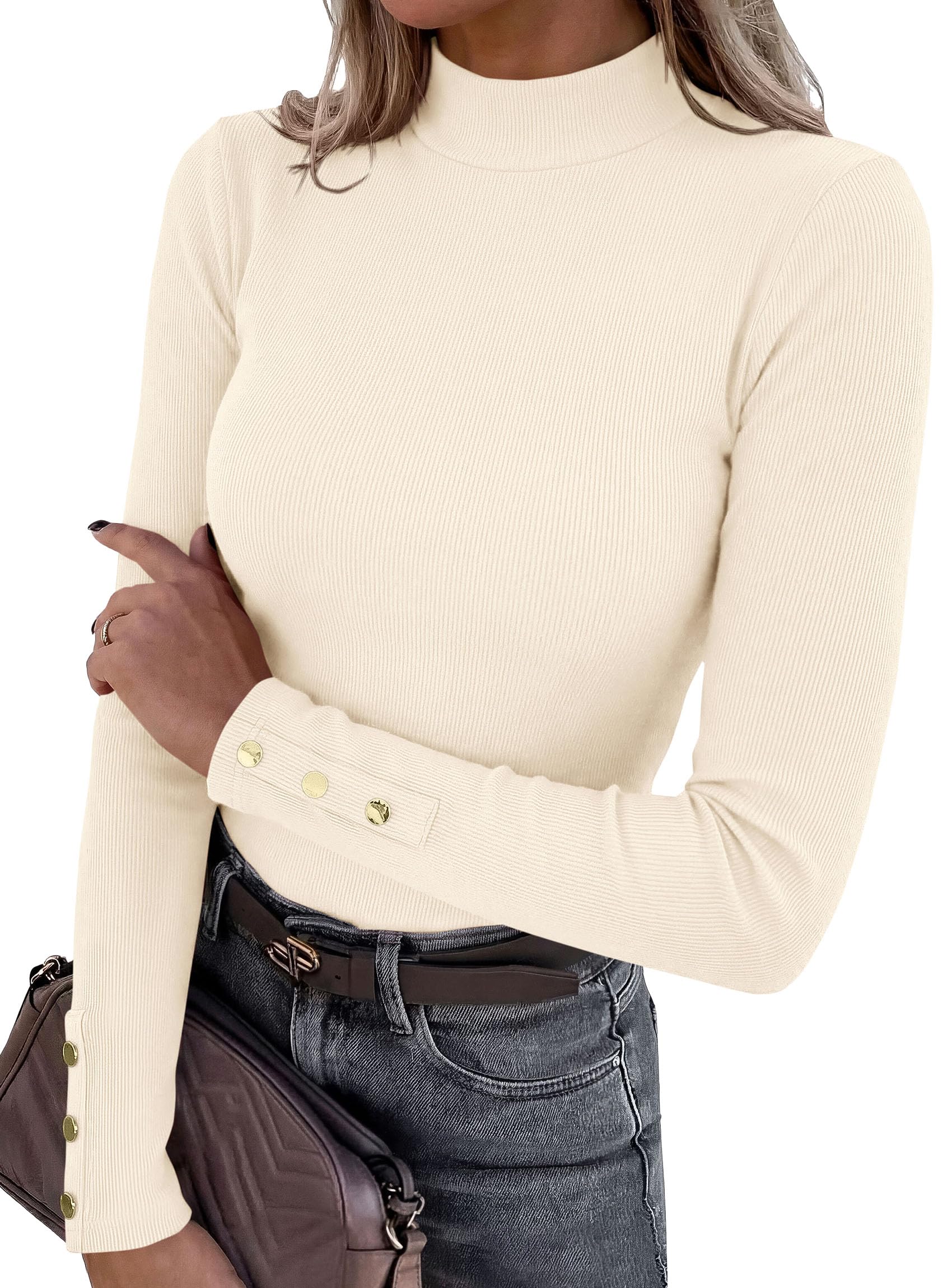PRETTYGARDEN Women's Ribbed Mock Neck Long Sleeve Tops | Slim Fitted T-Shirts, Soft Stretch, Decorative Buttons, Going Out Work Casual Wear, Fall Outfits Layering Winter Clothes