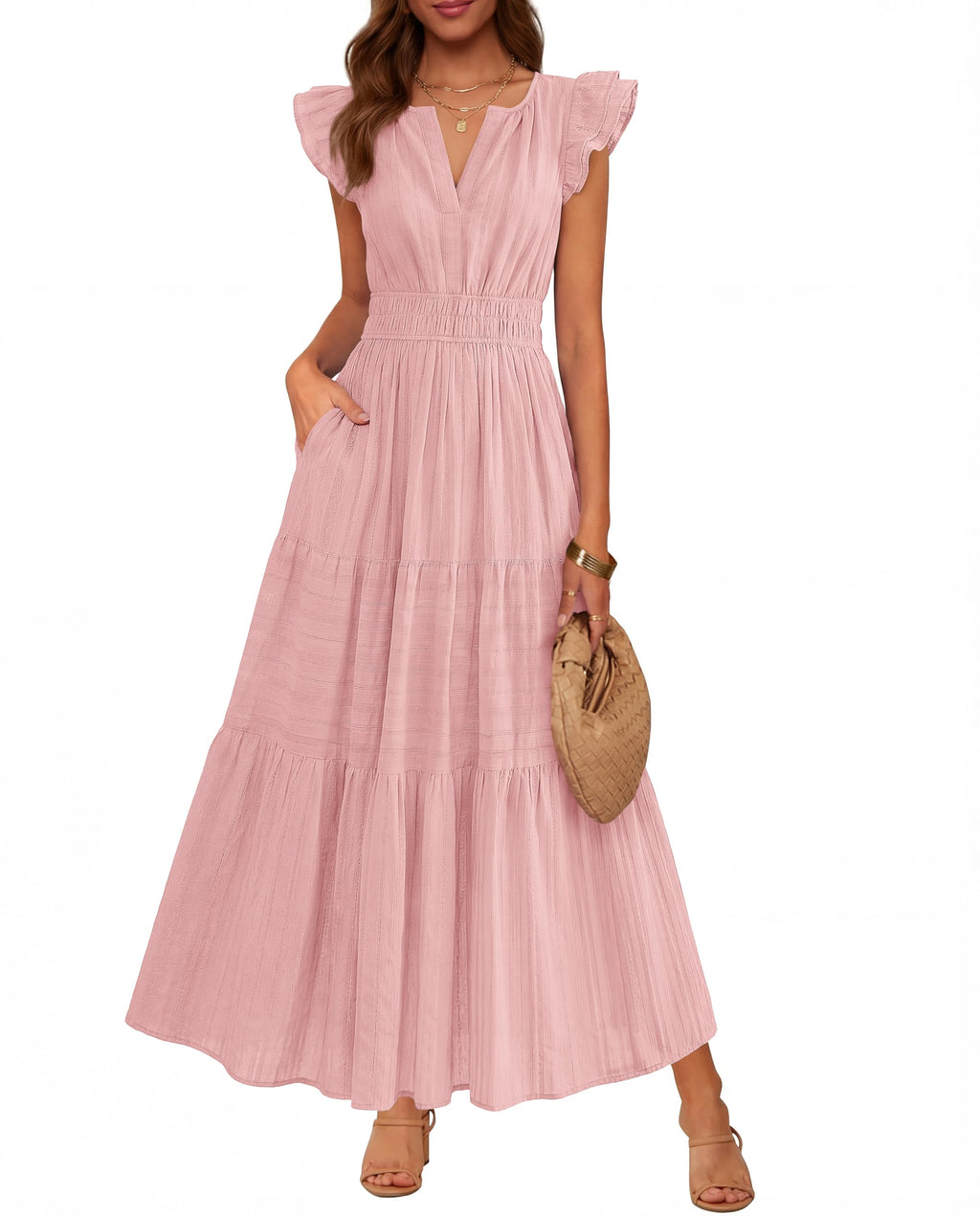 BTFBM Womens Summer Maxi Dress  Spring Boho Vacation Ruffle Flutter Short Sleeve A Line Tiered Flowy Dresses Pockets