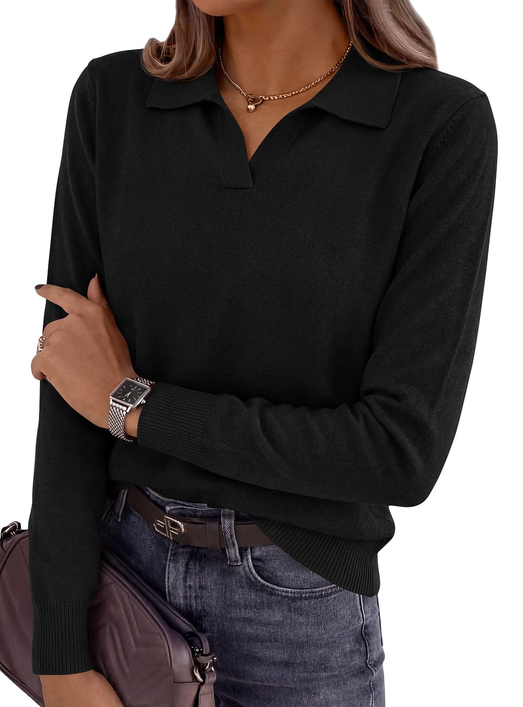 PRETTYGARDEN Womens Long Sleeve Collared Polo Sweater | Breathable Soft Ribbed Knit, Lapel V Neck Pullover Sweaters, Business Casual Work Office Tops, 2026 Trendy Fall Outfits